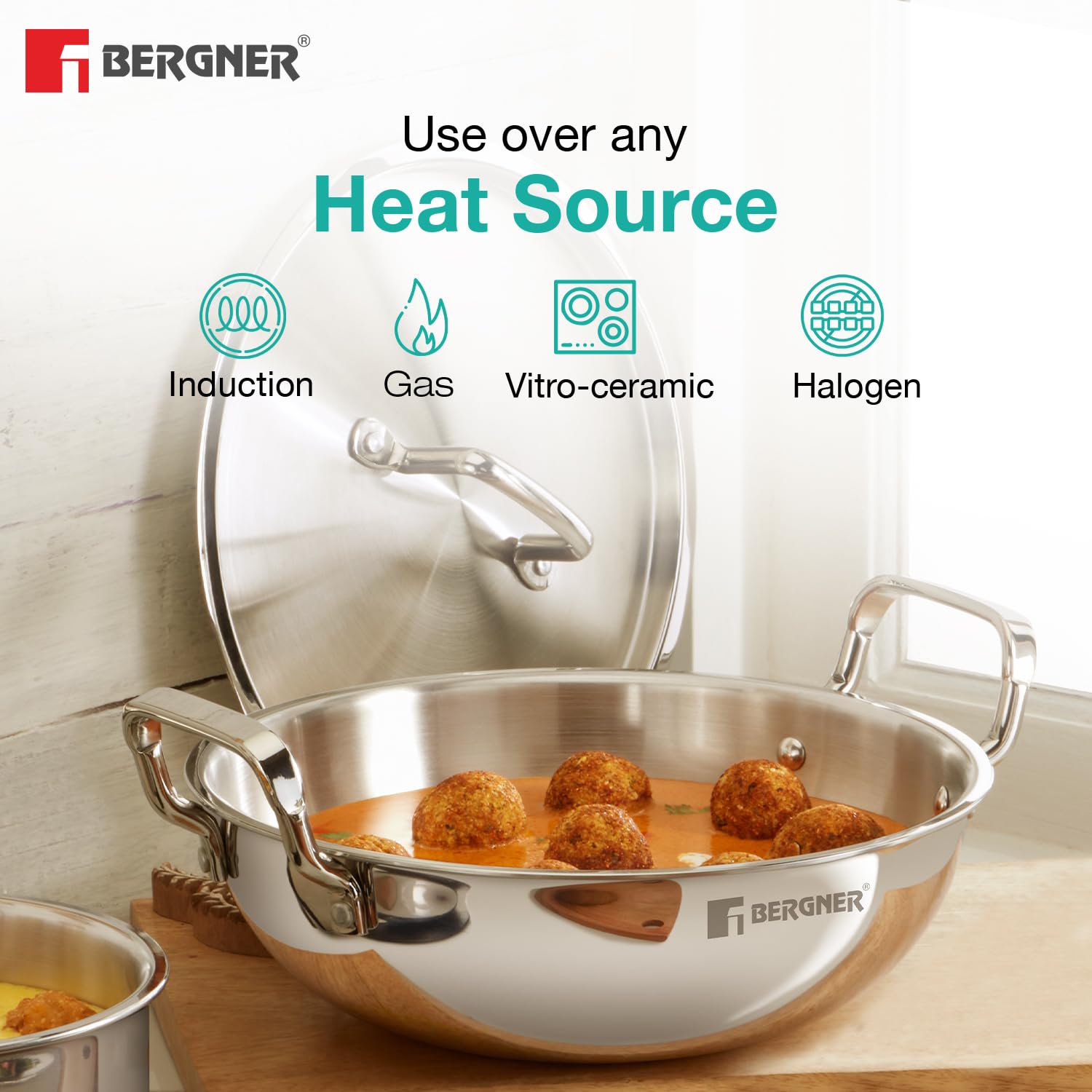 Bergner TriPro 4 Pcs Tri-Ply Stainless Steel Induction Bottom Cookware Set - 22cm (2.1L) Kadai and 22cm (1L) Frypan with Common Stainless Steel Lid, 14cm (1.1L) Teapan, Less Oil Use, Easy to Clean