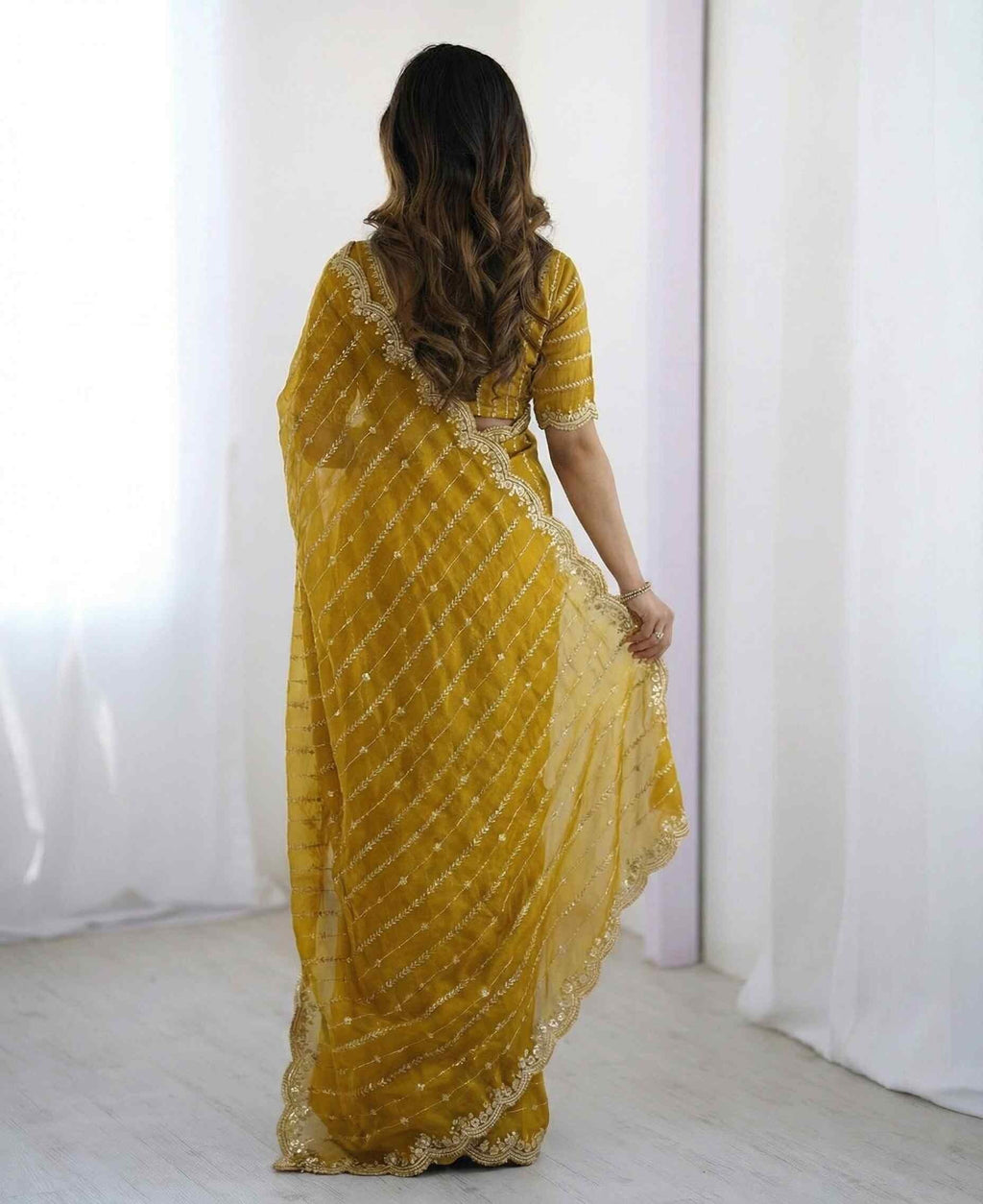 Shiv Textiles Women's Fendy Satin Embroidery Work Saree(CM-911-MUSTARD)