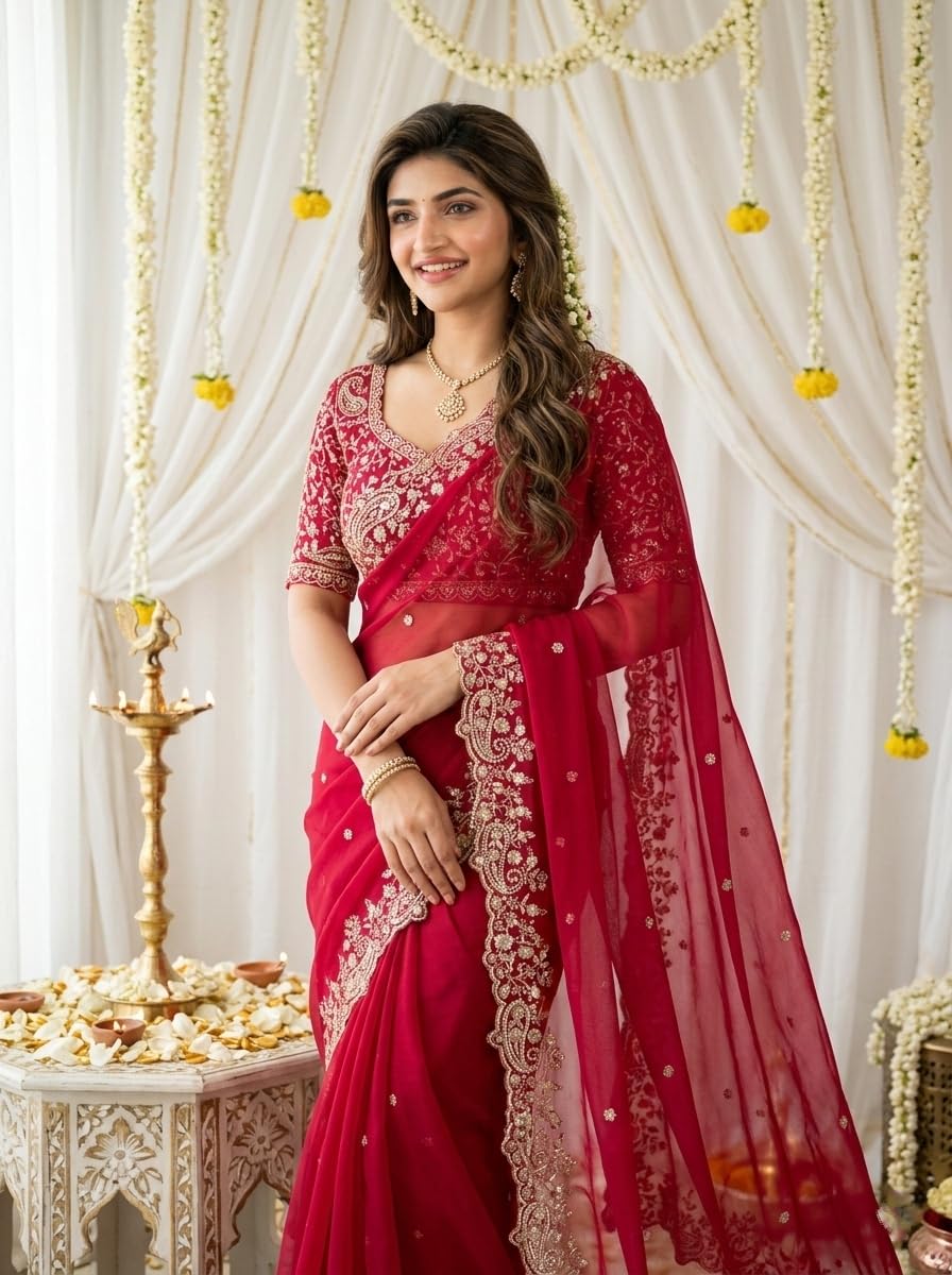 izkio Star Georgette Embroidered Saree, with Contrast Embroidered Blouse Piece, 5.5 m, Wedding Women Wear (Red)
