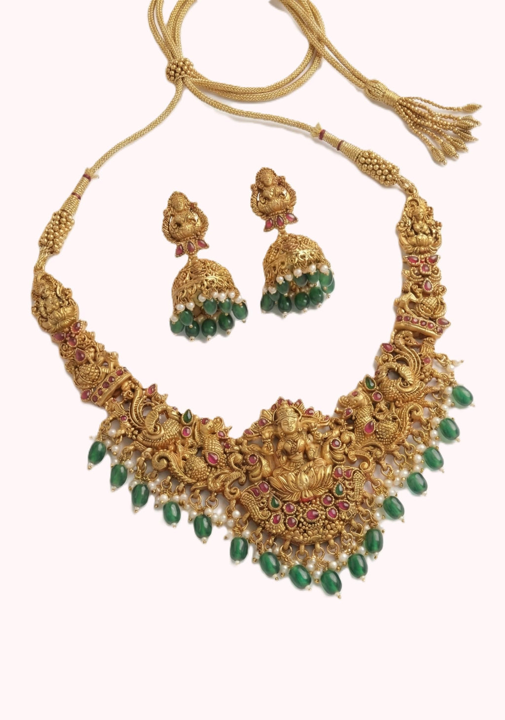 DIKSHA COLLECTION South Indian Temple Jewellery Set | Antique Gold Plated Lakshmi Long Necklace with Green Bead Drops & Jhumka Earrings | Traditional Kemp Stone Bridal Jewellery for Women