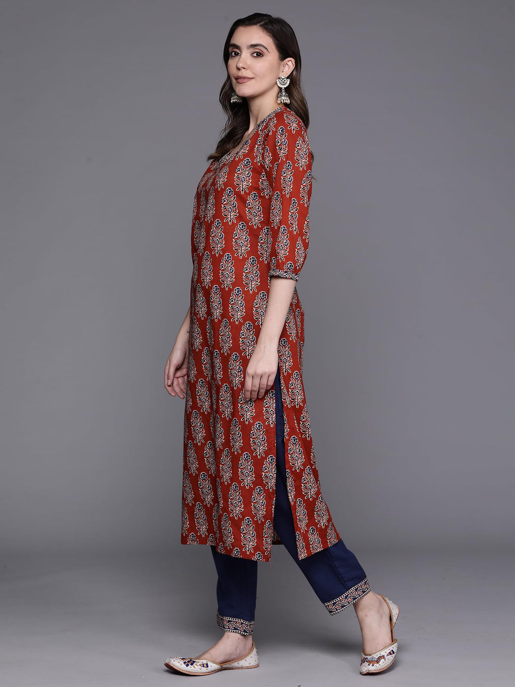 INDO ERA Cotton Rust Printed Straight Kurta With Pant & Dupatta Set For Women (Kh0Rt5137_Medium, Regular Fit)