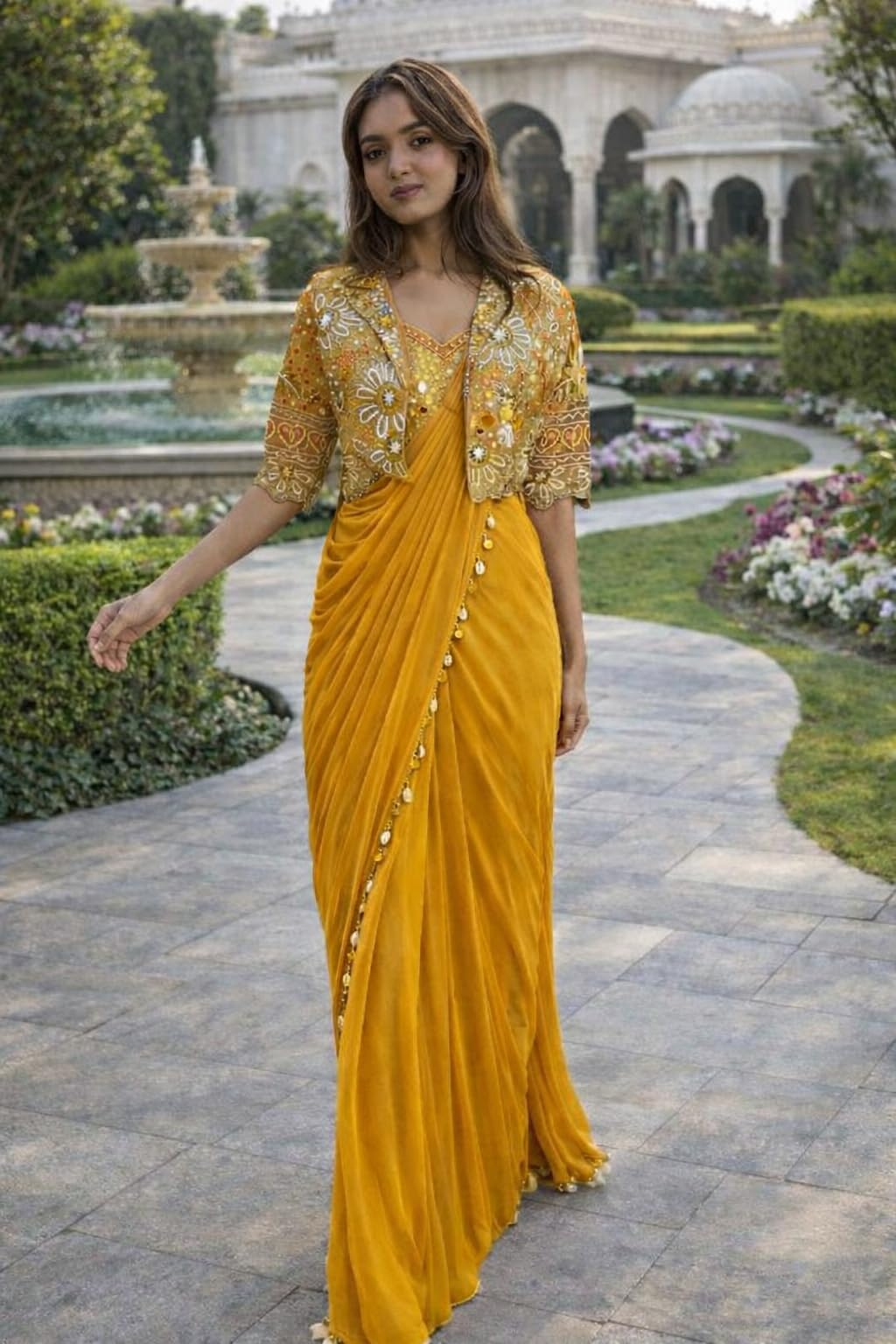 CLASSY FASHION HUB Women's Embellished, Embroidered Ready-to-Wear Crepe Silk Saree with Fully Embroidered Koti, Stitched Blouse & Lace Border – Ethnic for Women (Musterd)