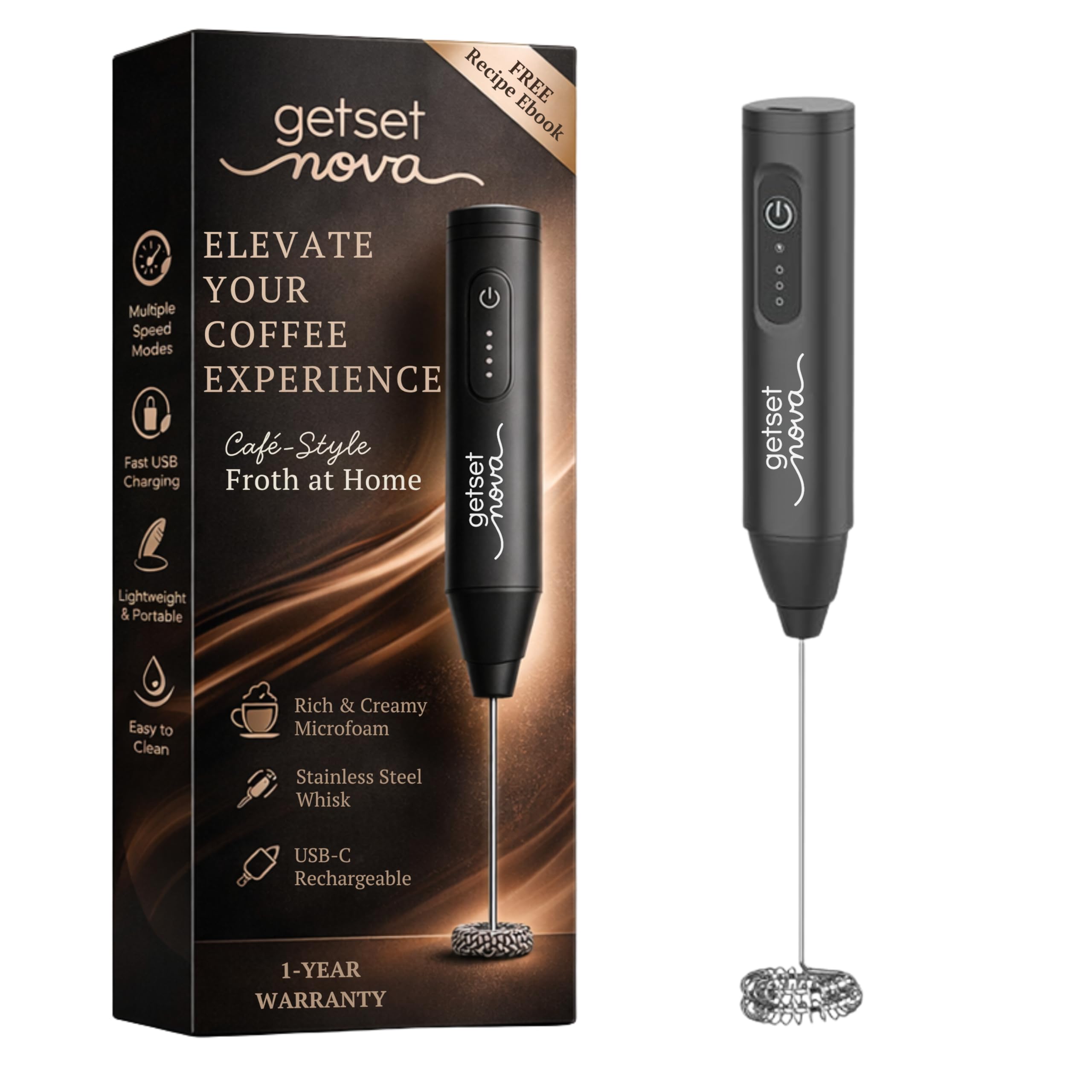 GetSetNova Frother Coffee Frother Electric and Coffee Beater Electric Stainless Steel Whisk USB C Rechargeable Microfoam Maker Coffee Maker Machine for Home with Recipe Book and One Year Warranty