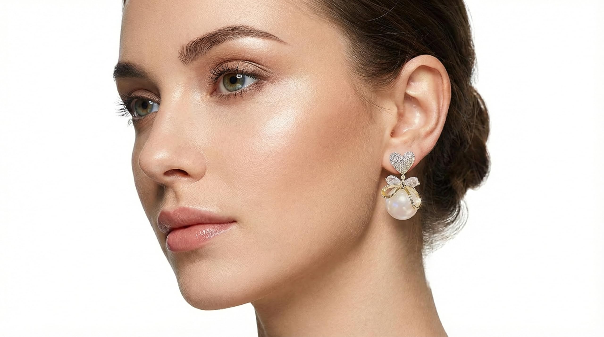 Korean Earrings Set of 3, Gold Tone, Pearl and Crystal Embellished, Heart and Bow Design, Stud Style