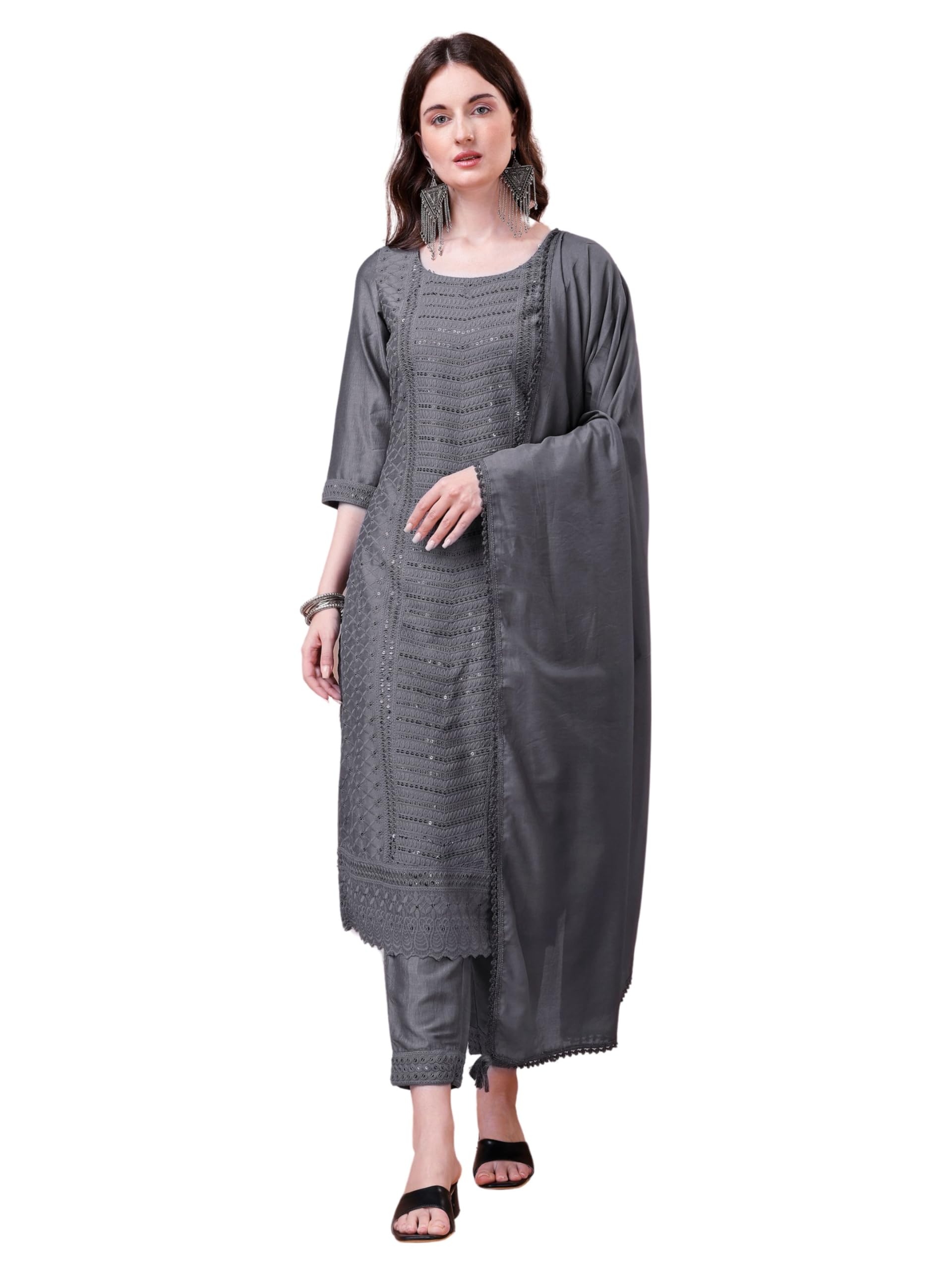 SHOPPING QUEEN Women's Silk Chikankari Kurta Pant with Dupatta (A526_Dim Grey_M)