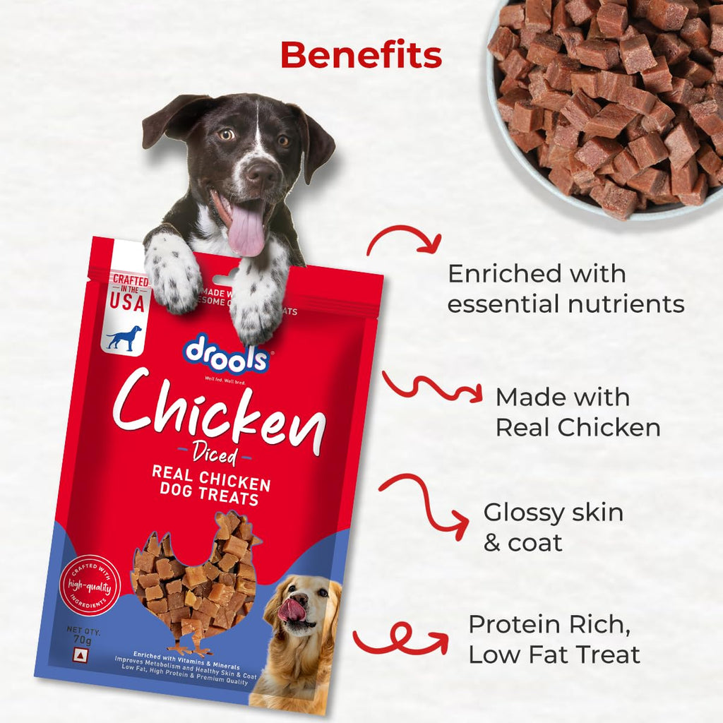 Drools Puppy & Adult Diced Dog Treats 70g | Real Chicken Flavour | Rich in Protein | No Artificial Preservatives | Best for Training & Bonding