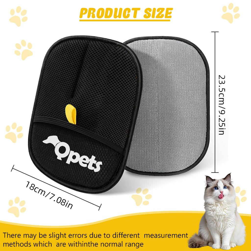 Qpets® Pet Hair Removal Gloves, Static-Enhanced Pet Hair Removal Mitt, Reusable Grooming Mitt Cleaning Glove for Furniture, Carpets, Car Seats & Gentle Massage for Dogs Cats (23.5x18cm)