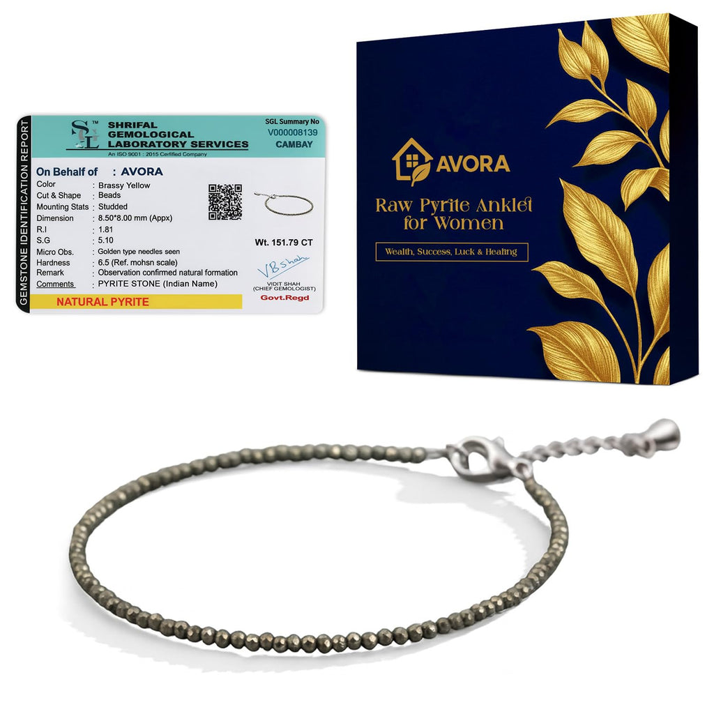 AVORA Raw Pyrite Anklet for Women | Natural Stone Jewellery for Wealth, Luck & Protection | Certified Crystal | Spiritual Healing Jewellery Gift for Girls & Women | Adjustable Payal Bracelet