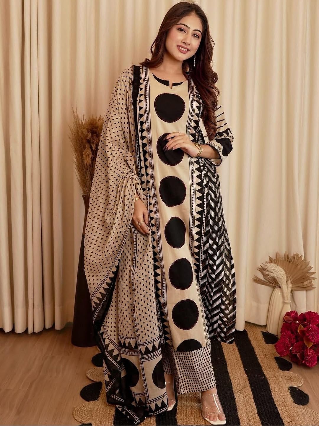 Klosia Women Printed Straight Kurta and Pant Set with Dupatta | Printed Kurta Set | Cotton Kurta Set | Women Kurta Sets | Summer Suit | (in, Alpha, 2XL, Standard, Black)