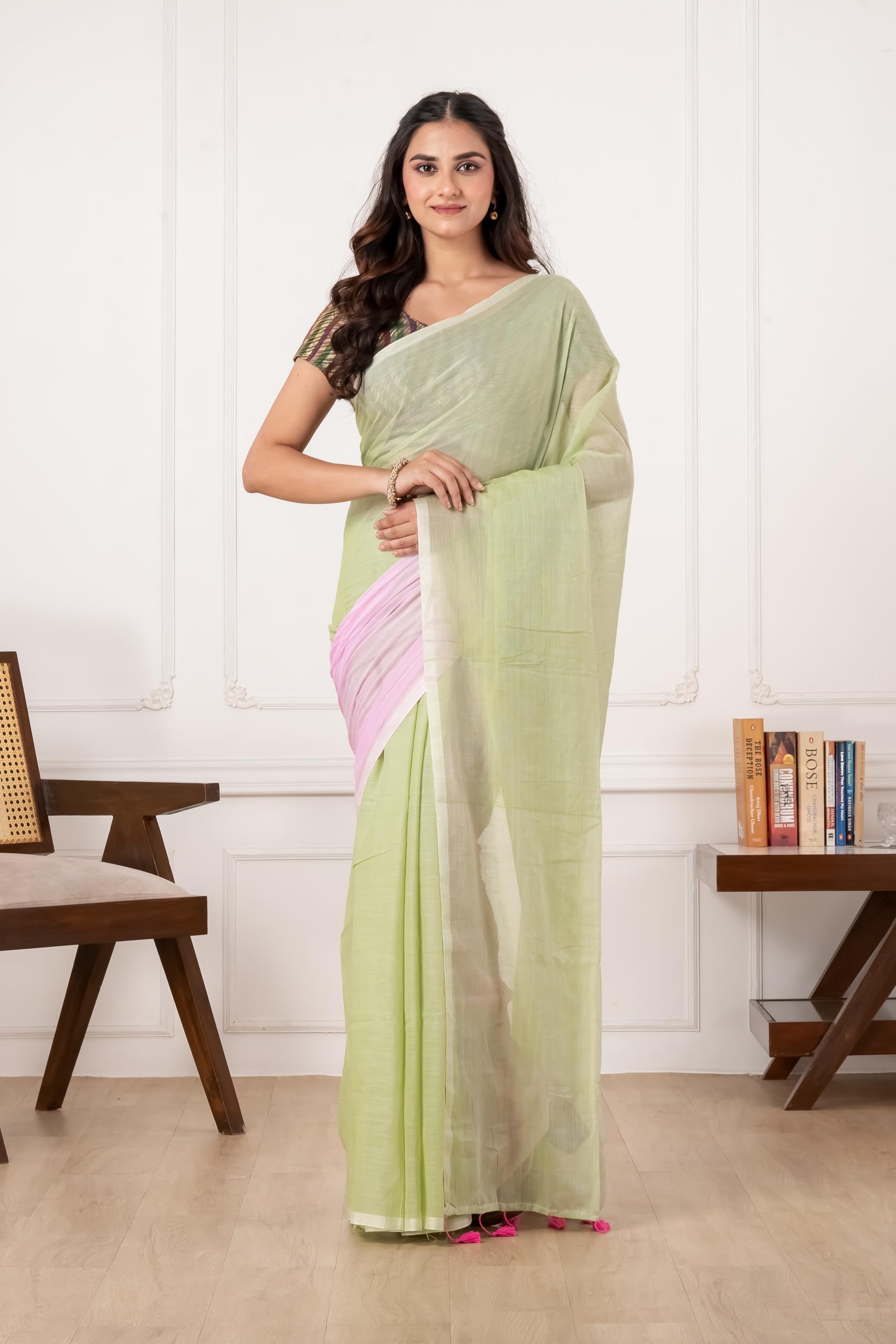 DURGA HANDLOOMS Pure Mulmul Cotton Handloom Saree for Women Light Green with Baby Pink Shaded Pleats Lightweight Summer Saree with Blouse Piece