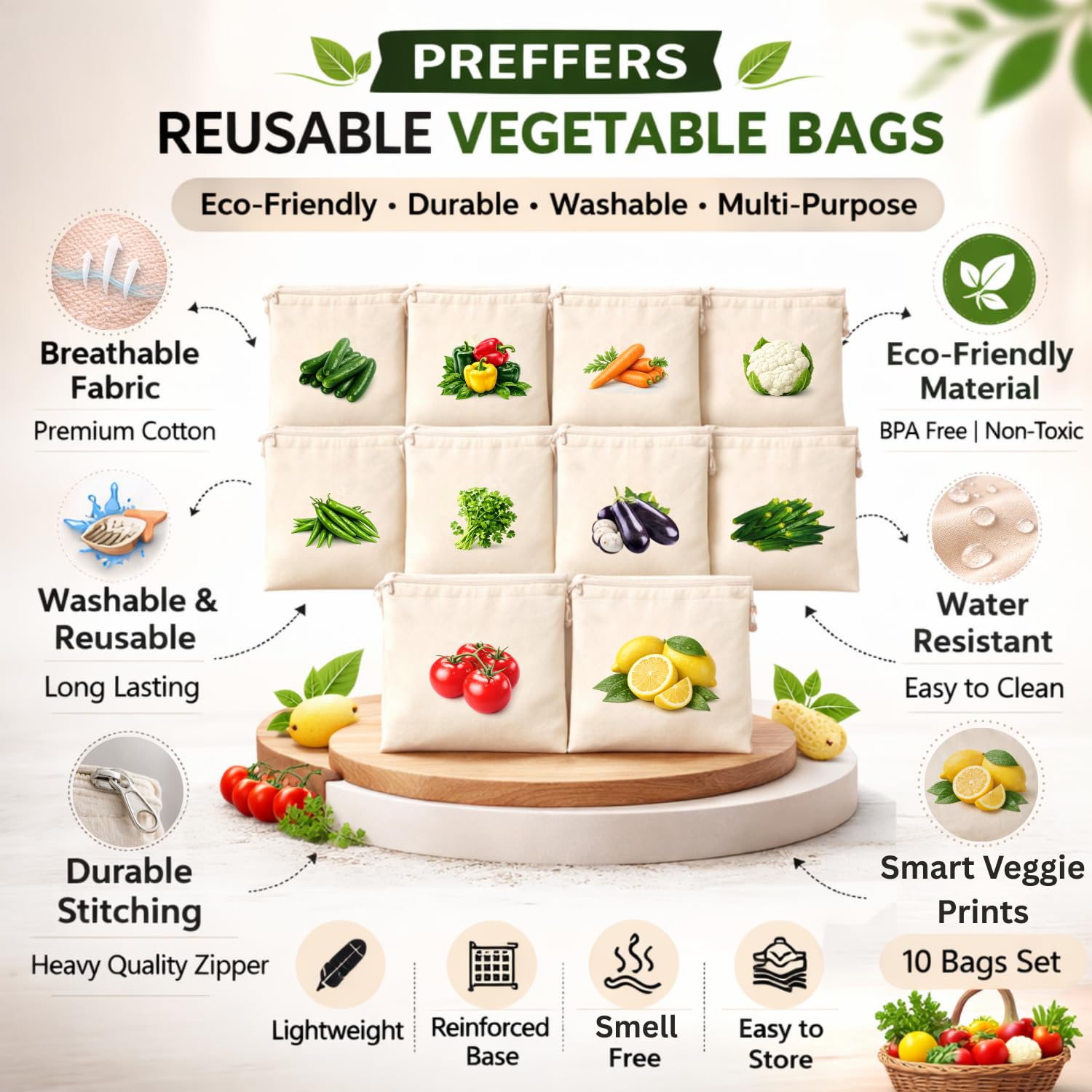 Preffers Reusable Cotton Vegetable Bag for Fridge | Washable & Breathable Ziplock bags for fridge | Plastic Free Storage Bags | 12x12 Inches | Pack of 10