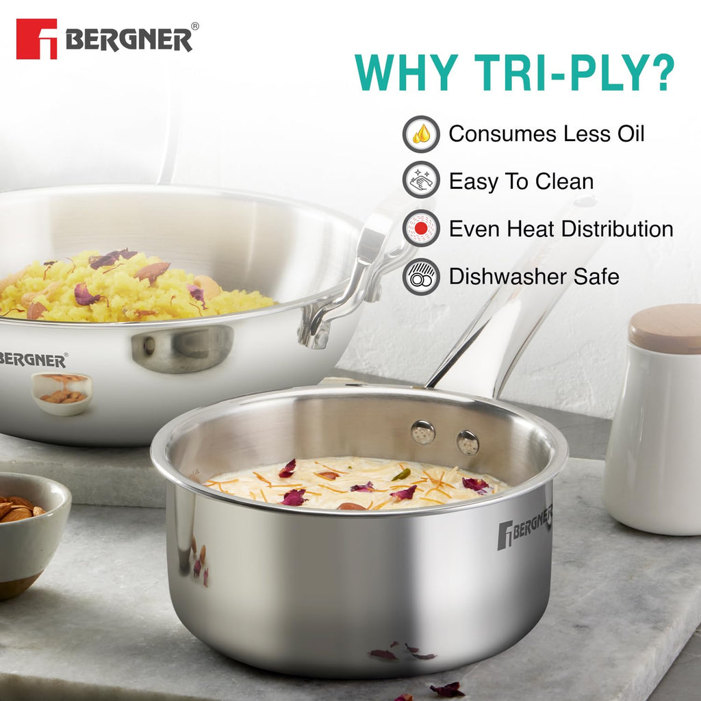 Bergner TriPro 4 Pcs Tri-Ply Stainless Steel Induction Bottom Cookware Set - 22cm (2.1L) Kadai and 22cm (1L) Frypan with Common Stainless Steel Lid, 14cm (1.1L) Teapan, Less Oil Use, Easy to Clean