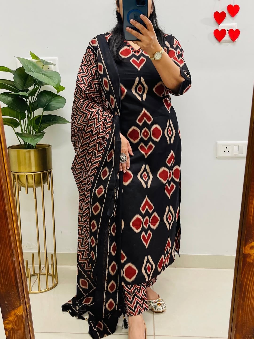 KASOOTI Women's Printed 100% Cotton Straight Kurta with Pants and Dupatta Set | Ethnic Set |Kurta Set (BLACK)