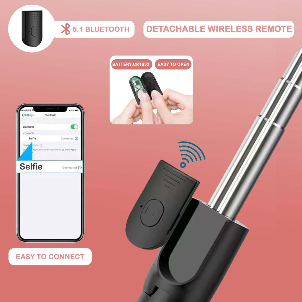 Kratos 28 Inch Selfie Stick Tripod Stand with Light, 3-in-1 Multifunctional Design, Rechargeable LED Light with Two Brightness Levels with Bluetooth Remote for Makeup, Selfie & Photoshoot