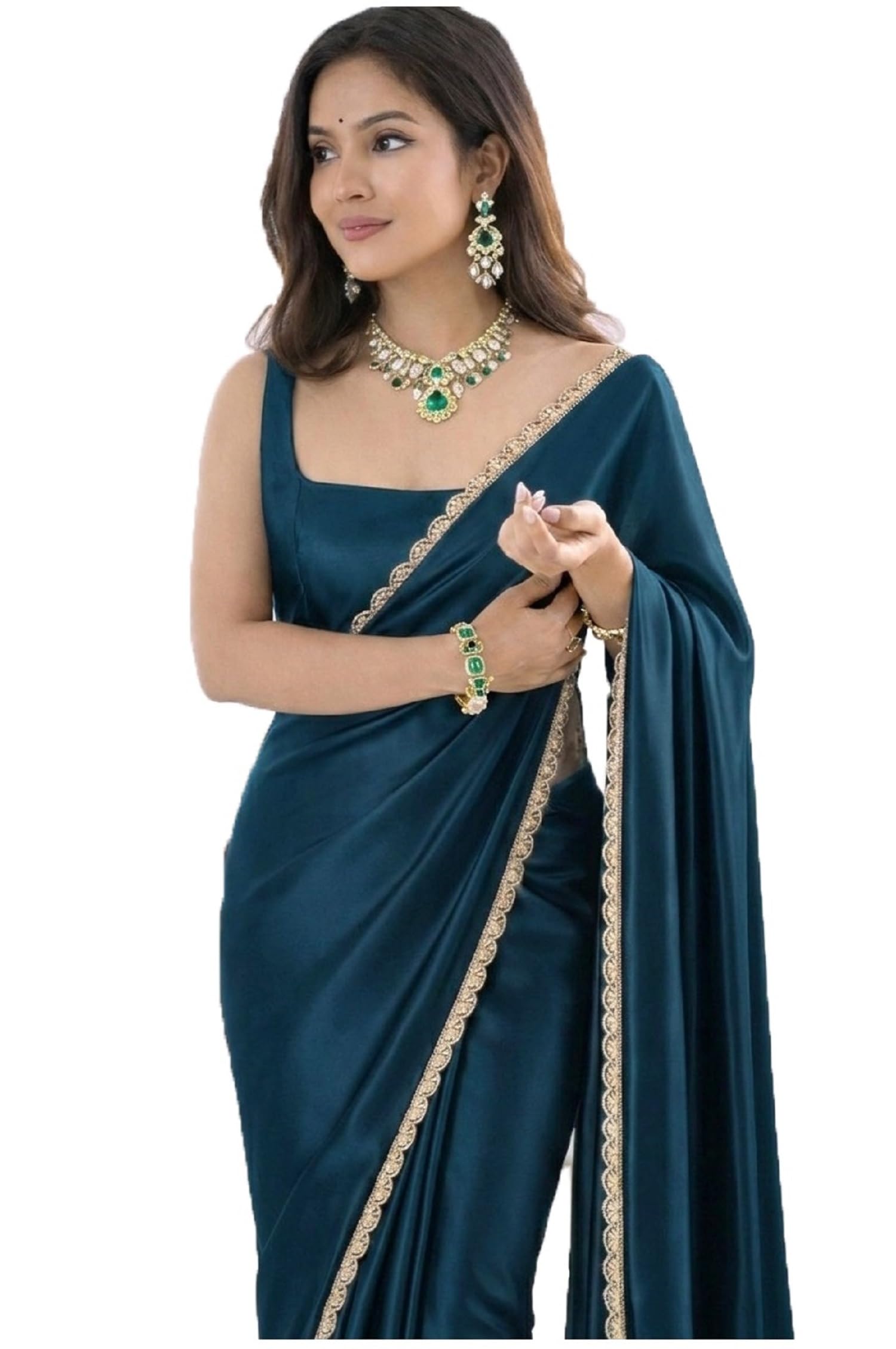 SATAZ Women's Ready To Wear Teal Blue Satin Silk Saree Scalloped Border Readymade Stitched With Unstitched Blouse