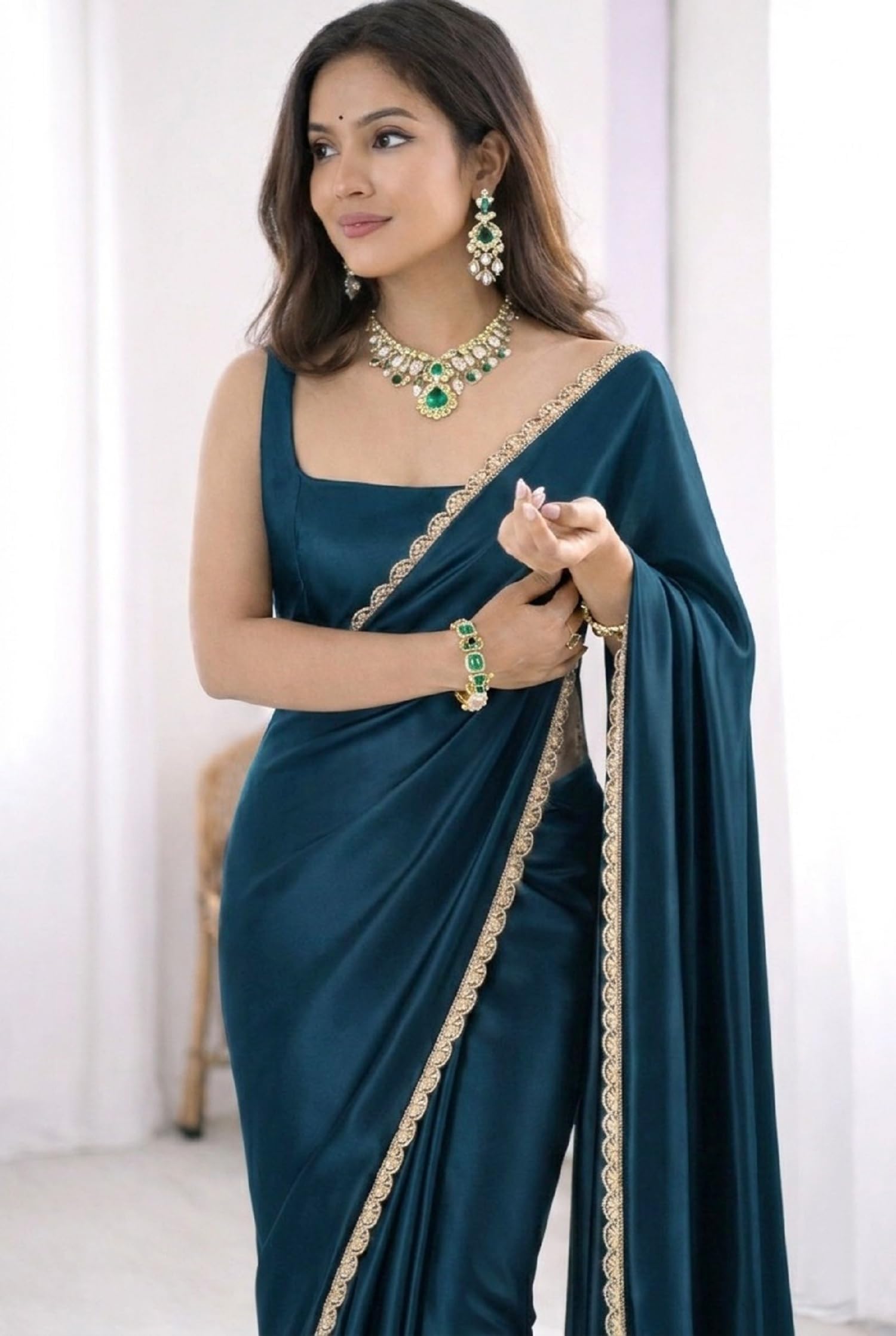 SATAZ Women's Ready To Wear Teal Blue Satin Silk Saree Scalloped Border Readymade Stitched With Unstitched Blouse