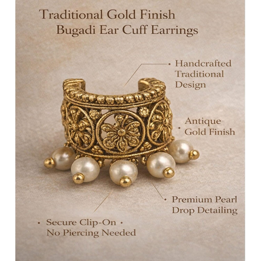VAMA FASHIONS Traditional 18K Gold Plated South Indian Bugadi Bigadi Ear Cuff Earrings Temple Jewellery Pearl Drop Helix Ear Rings Maharashtrian Jewellery for Women