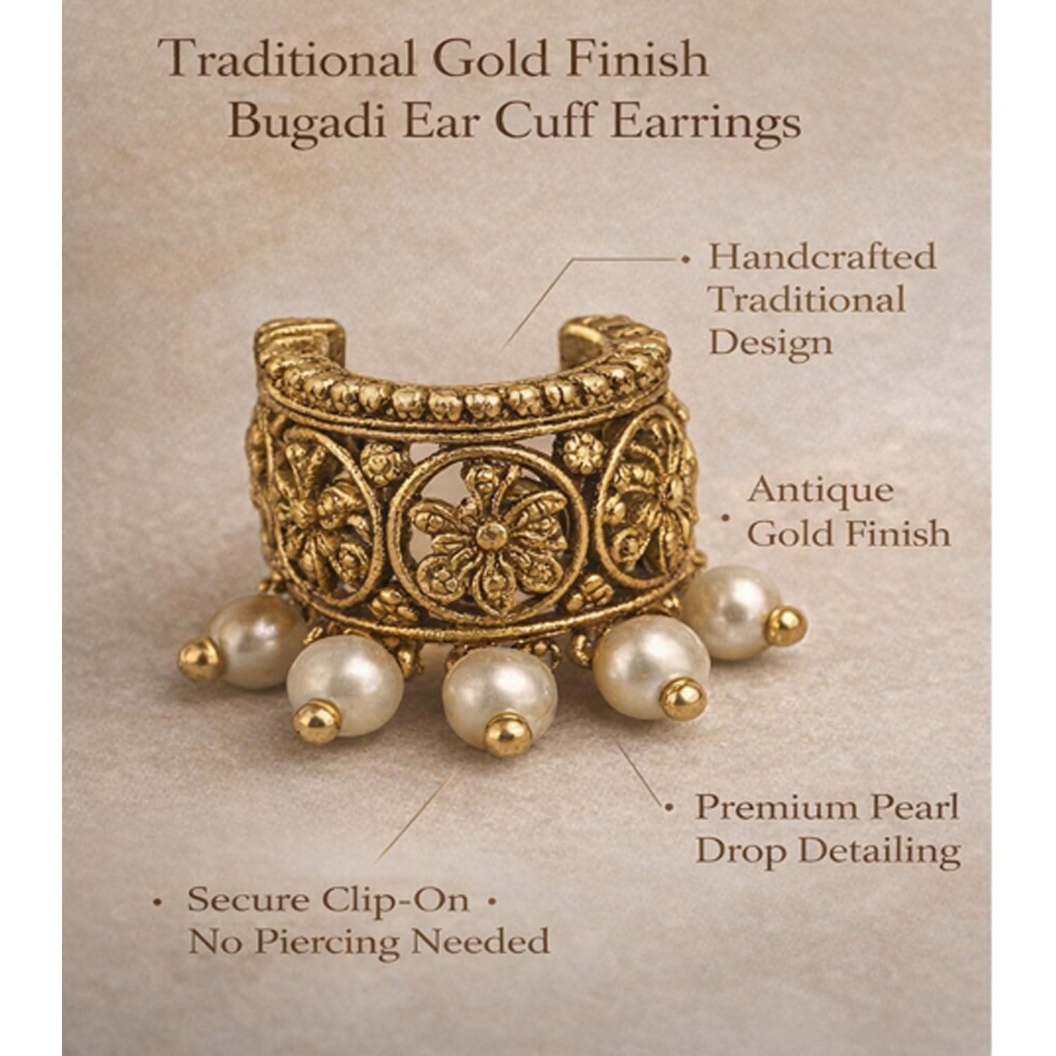 VAMA FASHIONS Traditional 18K Gold Plated South Indian Bugadi Bigadi Ear Cuff Earrings Temple Jewellery Pearl Drop Helix Ear Rings Maharashtrian Jewellery for Women