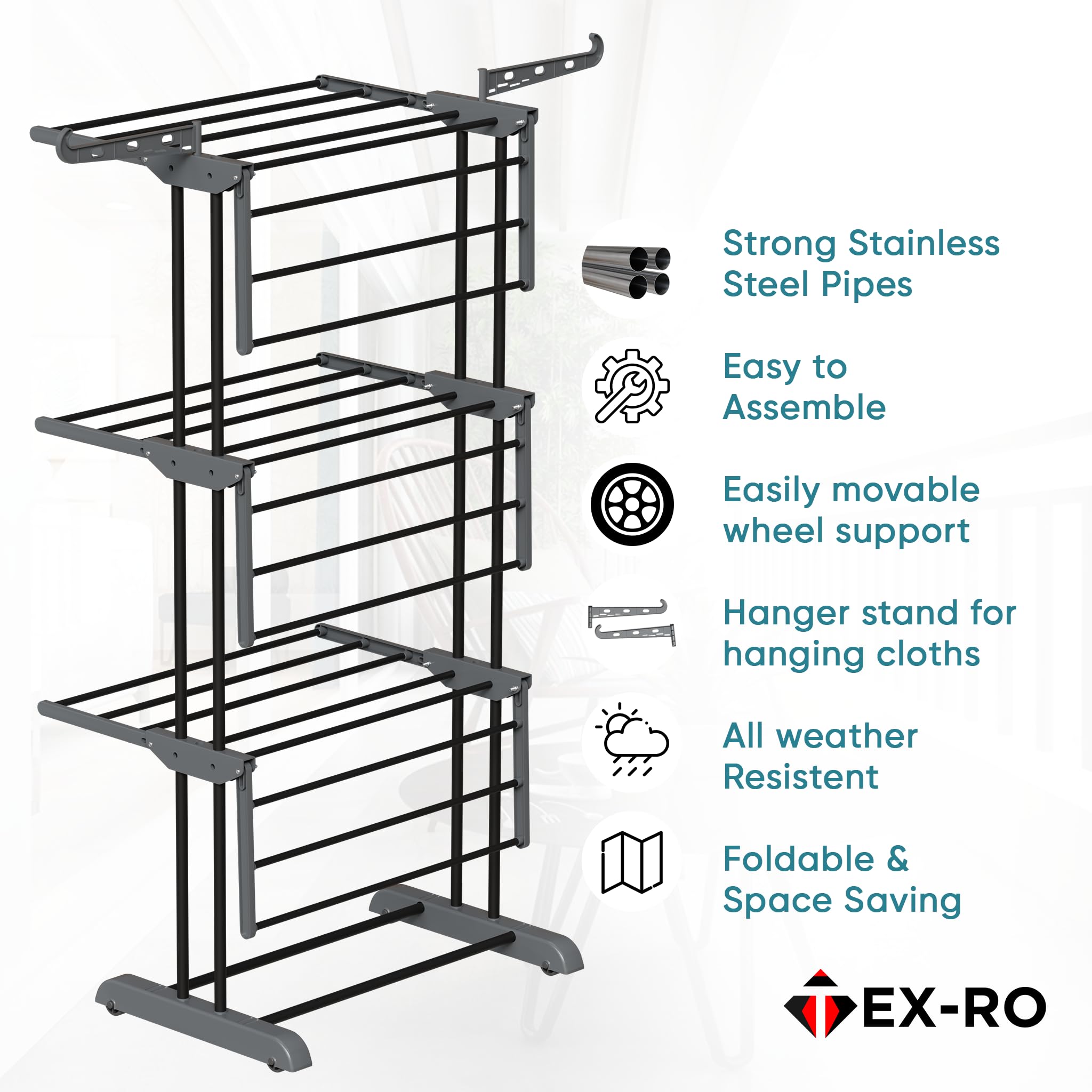 TEX-RO Metal Clothes Drying Stand Foldable with Wheels – 3-Tier Cloth Dryer Stand for Balcony, Bedroom & Indoor Outdoor | Heavy Duty Hanger Stand for Clothes Hanging, Dress Drying Rack - Grey