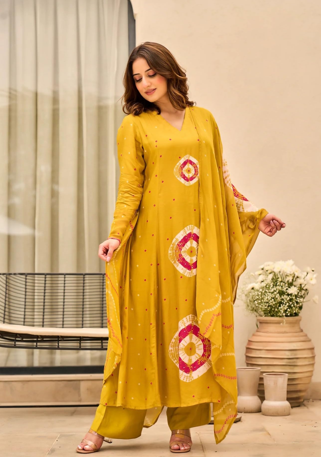 Nermosa Women Pure Cotton Kurta Pant Dupatta Set | Summer Friendly Ethnic Suit Set for Women | V-Neck Printed Kurti with Matching Pants & Dupatta | Casual & Office Wear (IN, Alpha, 2XL, Yellow)