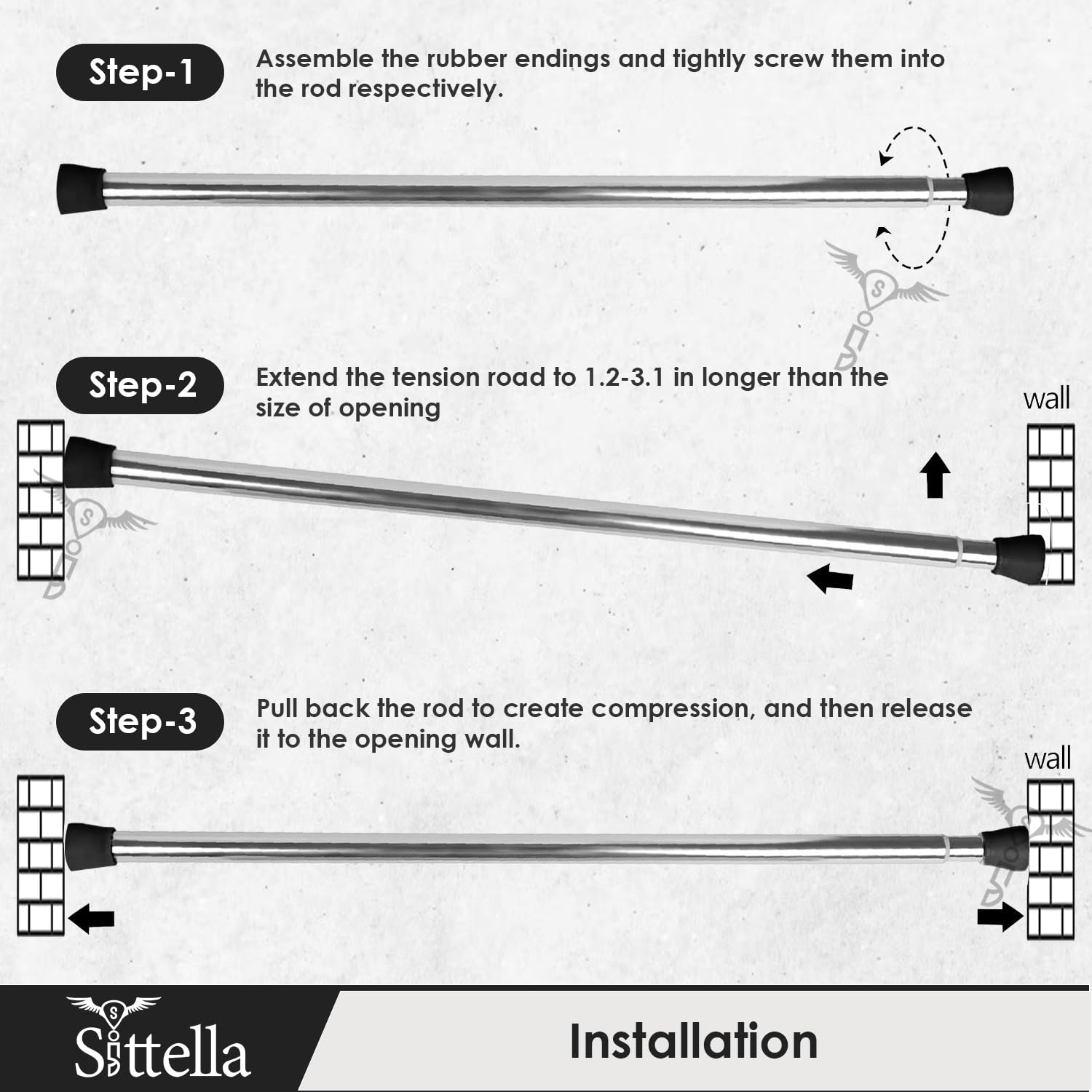 SITTELLA® (85Cm To 140Cm) Extendable Shower Curtain Tension Rod Non-Drilling Anti-Skid Spring Pull Rod -Stainless Steel, Silver-Black