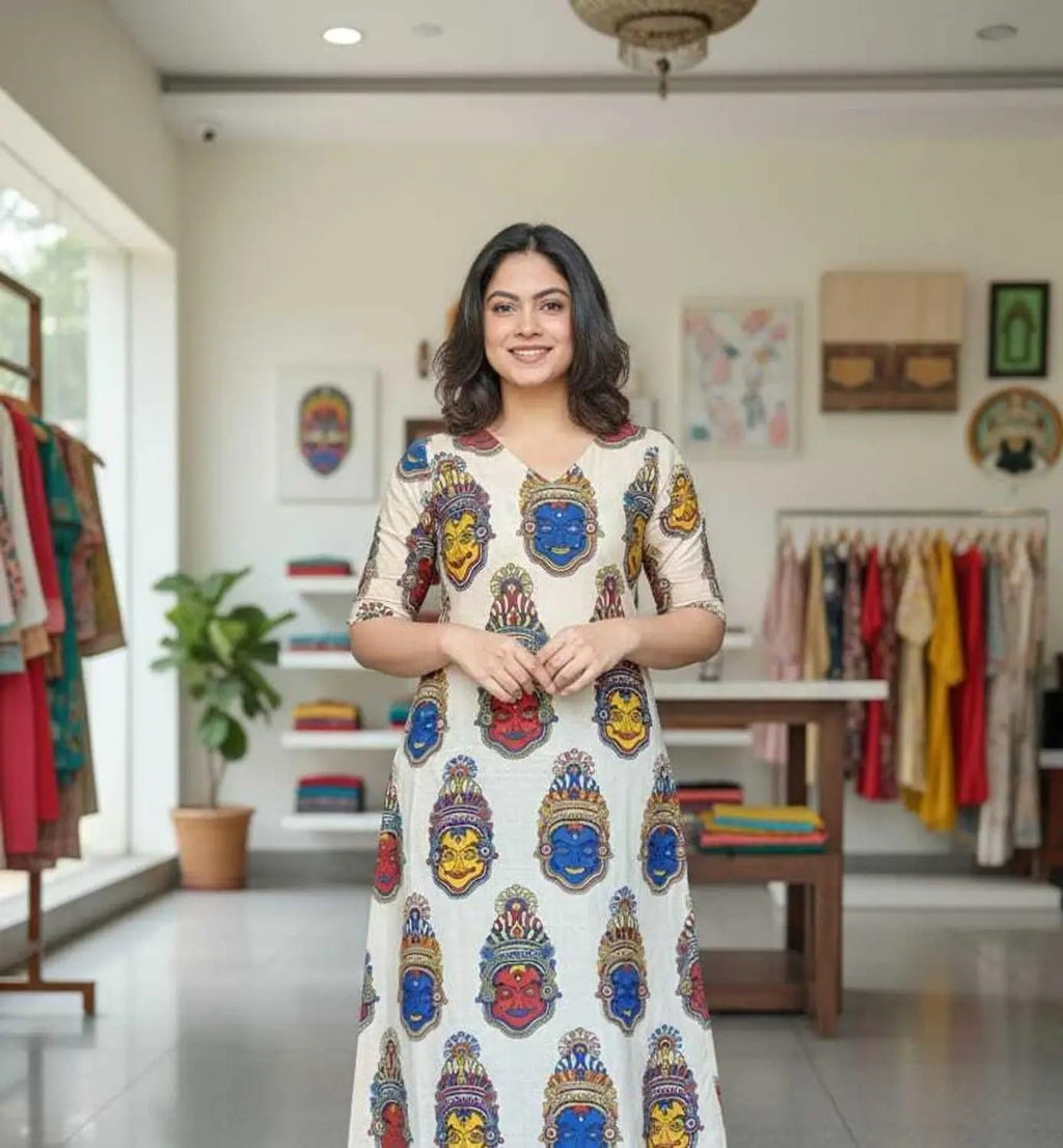 MS VHCK ENTERPRISE Women Printed, Tribal, Kalamkari, Abstract Khadi Cotton Kurti. (in, Alpha, 2XL, Slim Girls, Multicolor)