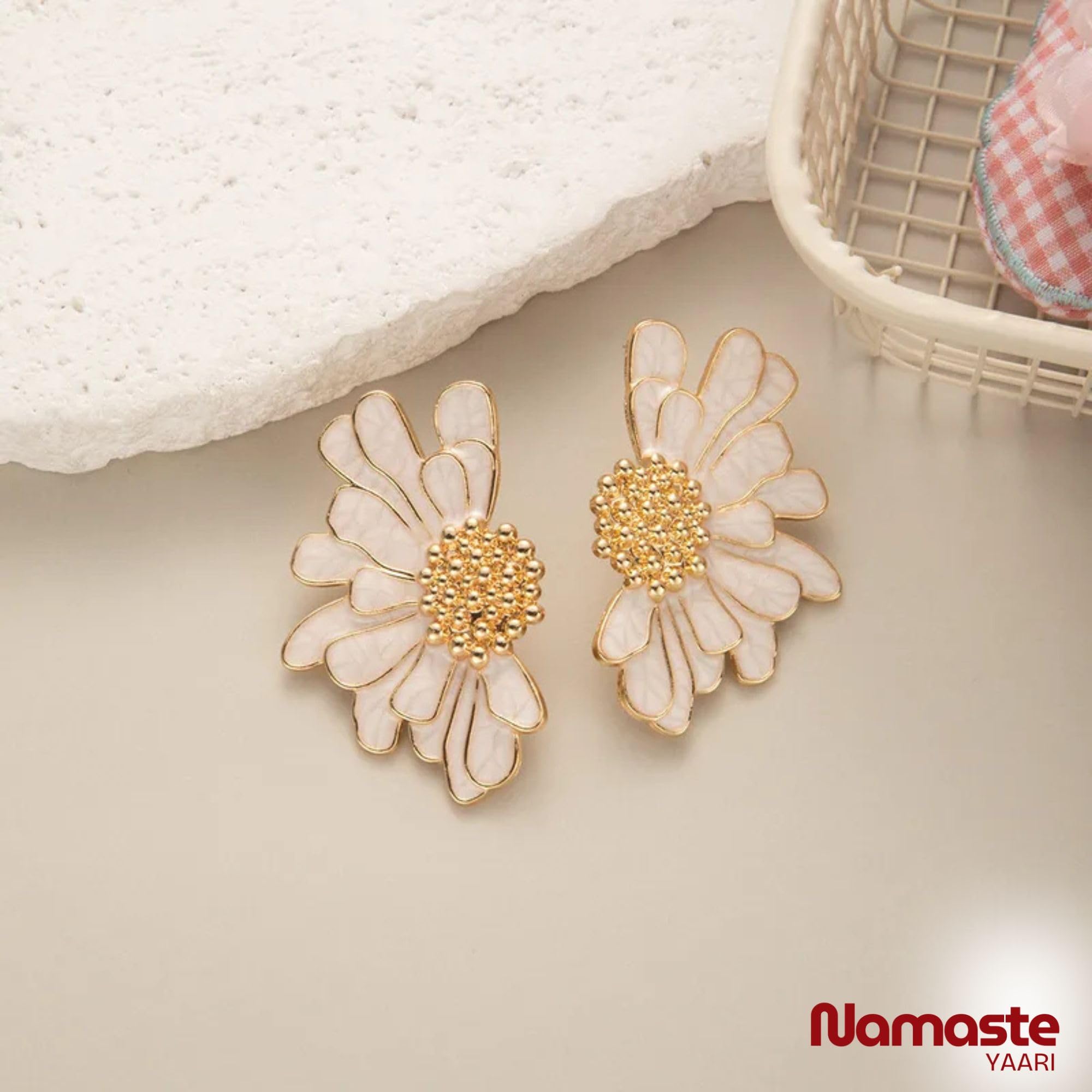 NAMASTE YAARI Elegant Korean Floral Statement Earrings for Women | Gold-Plated Daisy Inspired Ginkgo Leaf Design | Lightweight Summer Party & Beach Jewelry | Earrings for girls stylish
