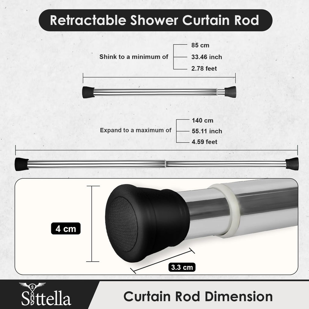 SITTELLA® (85Cm To 140Cm) Extendable Shower Curtain Tension Rod Non-Drilling Anti-Skid Spring Pull Rod -Stainless Steel, Silver-Black
