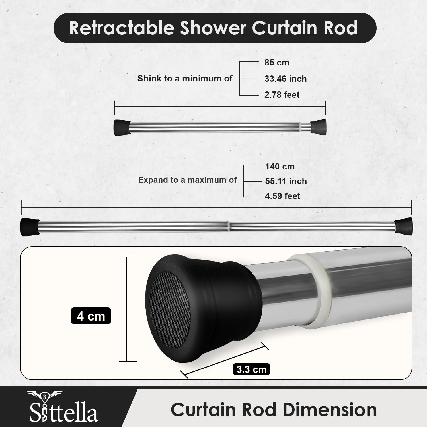 SITTELLA® (85Cm To 140Cm) Extendable Shower Curtain Tension Rod Non-Drilling Anti-Skid Spring Pull Rod -Stainless Steel, Silver-Black