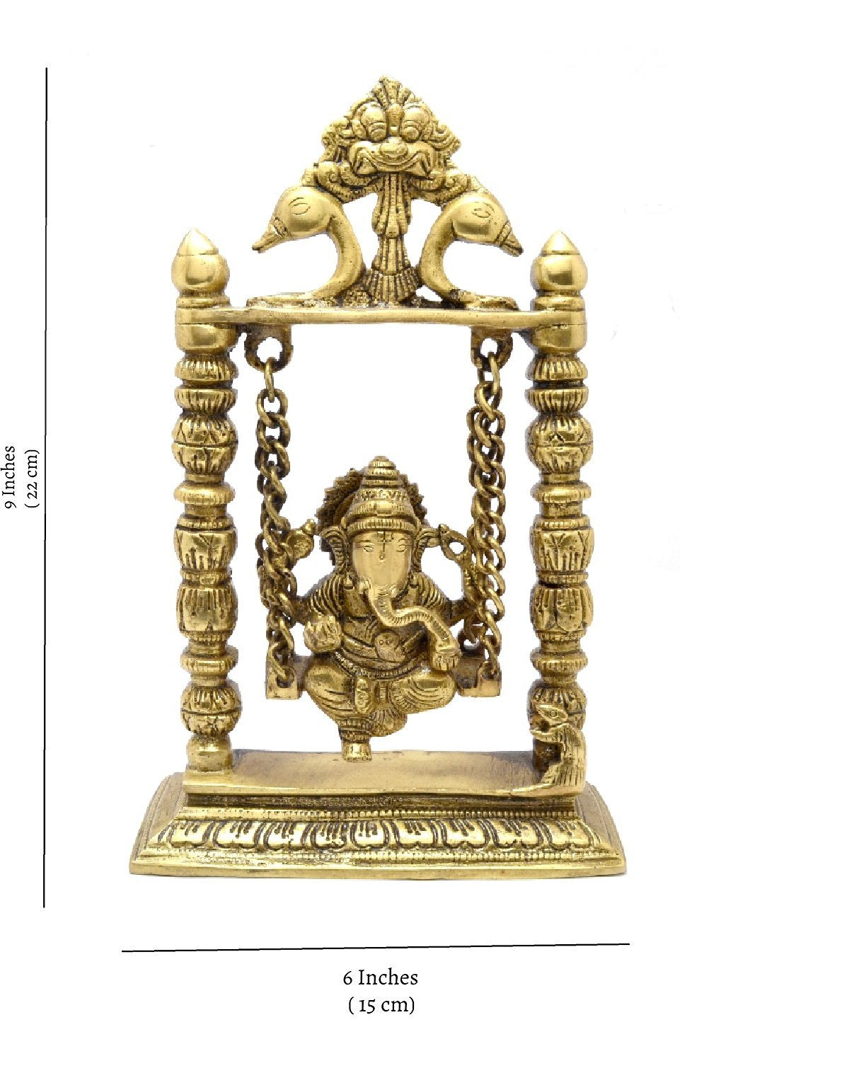 Two Moustaches 100% Pure Brass Ganesha on Swing Jhoola Showpiece, Brass Ganesha Jhula for Home Decor, Brass Temple Decor, Weight - 1.5 Kg, Standard, Antique Yellow, Pack of 1