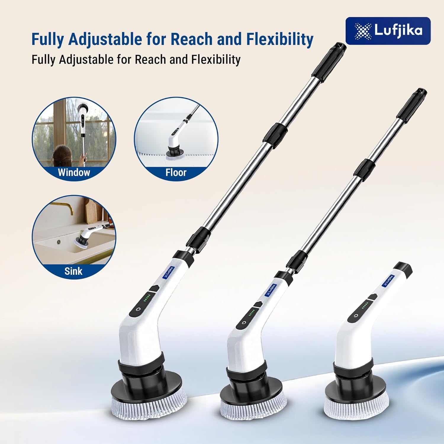 Royal Electric Spin Scrubber, Cleaning Brush Scrubber for Home, 300RPM/Min, 8 Replaceable Brush Heads, 90 Min Work Time, 3 Adjustable Size, 2 Adjustable Speeds, for Bathroom, Floor Tiles (White)