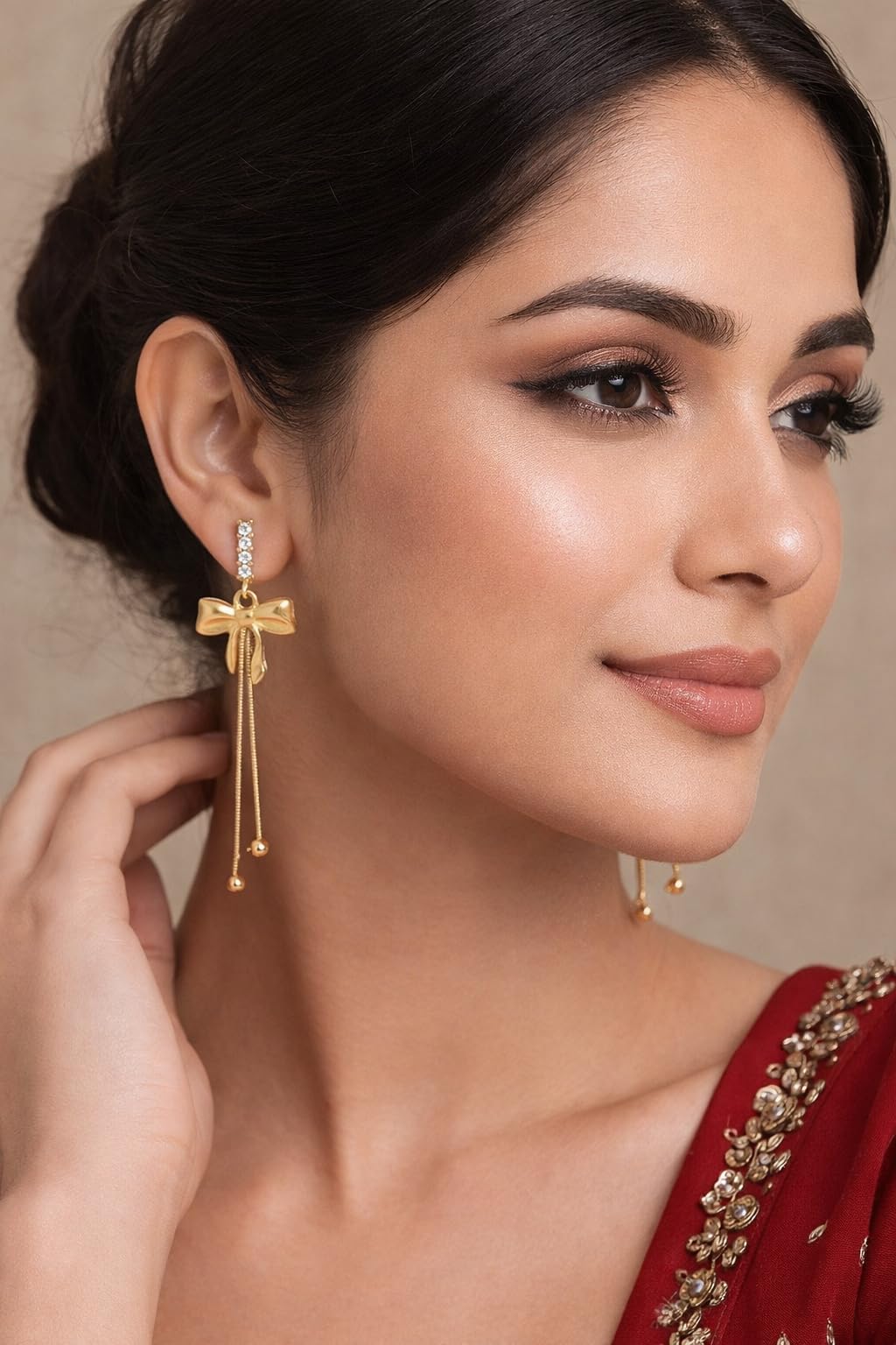 CALISTA Grace Bow Luxe Dangle Earrings for Women | Gold-Plated Bow Design Long Drop Earrings | Lightweight Anti-Tarnish Fashion Jewellery | Party, Festive & Gifting Wear