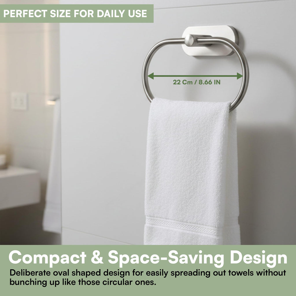 Oslen Magic Sticker Self Adhesive Stainless Steel Towel Ring Holder – Capsule Shape Wall Mount, Chrome Finish, Rust-Resistant, Space-Saving Bathroom Accessory for Hand Towels No Drilling (Pack of 1)