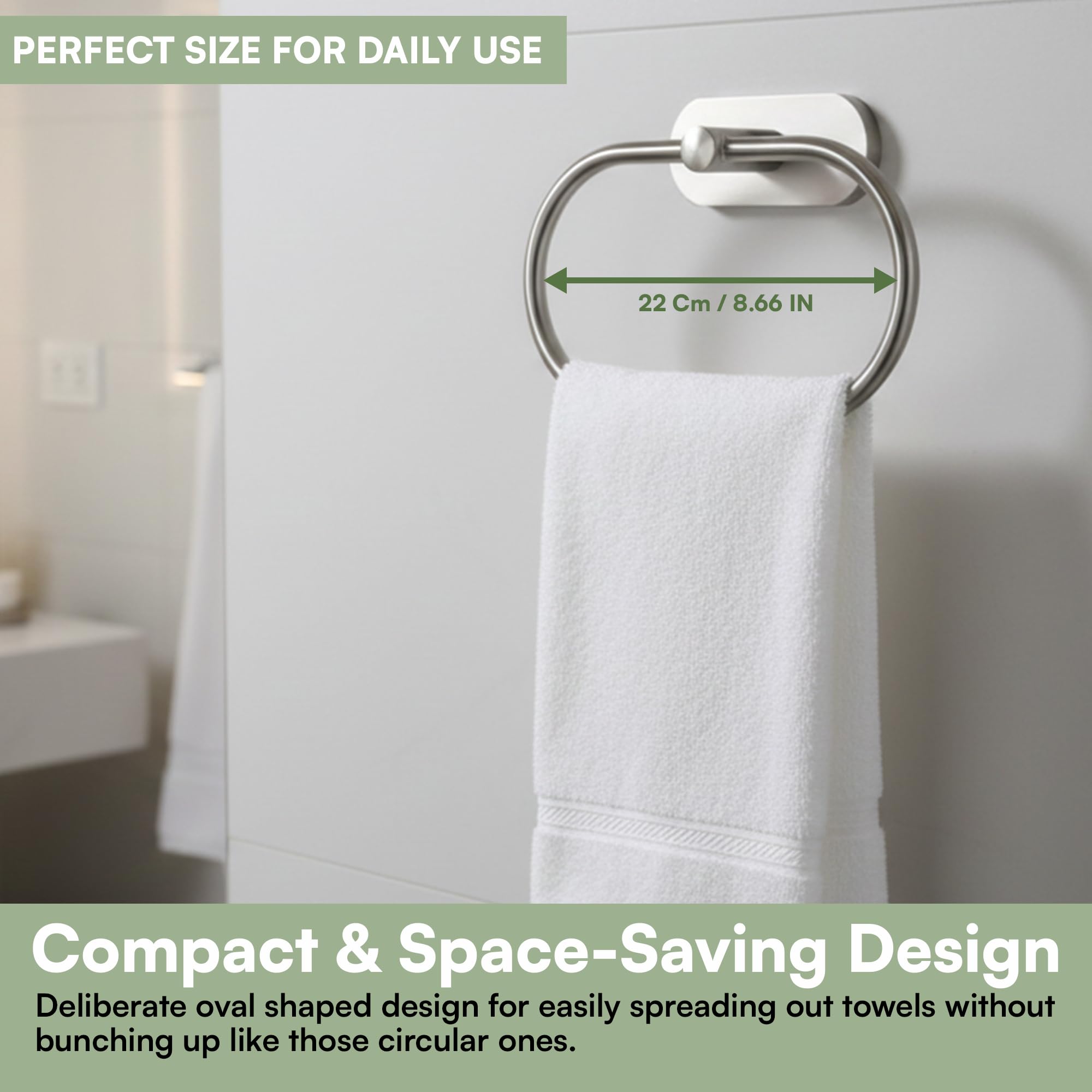 Oslen Magic Sticker Self Adhesive Stainless Steel Towel Ring Holder – Capsule Shape Wall Mount, Chrome Finish, Rust-Resistant, Space-Saving Bathroom Accessory for Hand Towels No Drilling (Pack of 1)