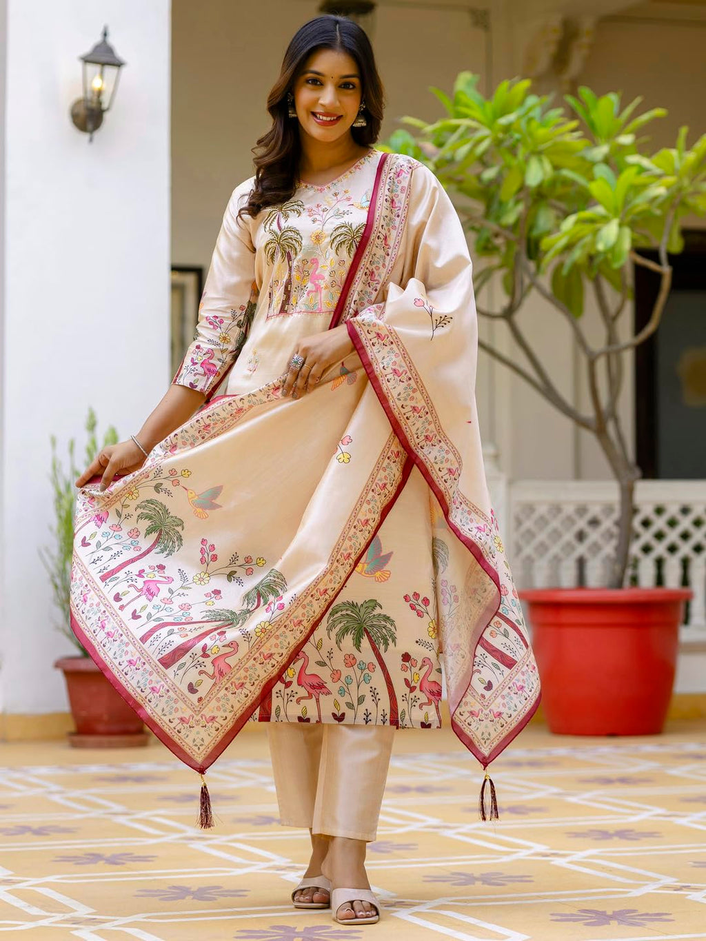 VredeVogel Women's Beads Embroidered Viscose Assam Silk Kurta Pant Set with Printed Dupatta | Festive & Casual Ethnic Kurta Sets for Women (Cream-M)