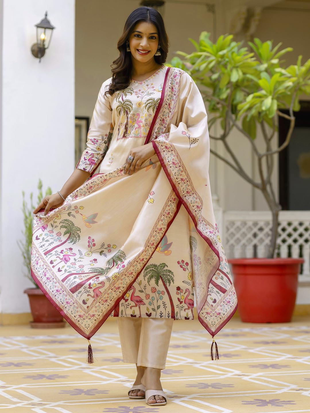 VredeVogel Women's Beads Embroidered Viscose Assam Silk Kurta Pant Set with Printed Dupatta | Festive & Casual Ethnic Kurta Sets for Women (Cream-M)
