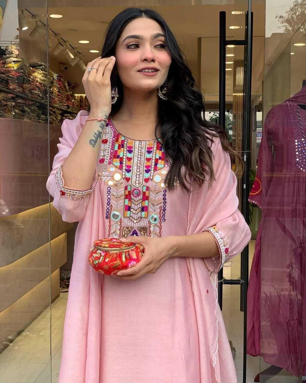 AayuKreations Women's Cotton Mirror Work Embroidered Straight Kurti With Pant and Dupatta Set (Baby Pink-L)