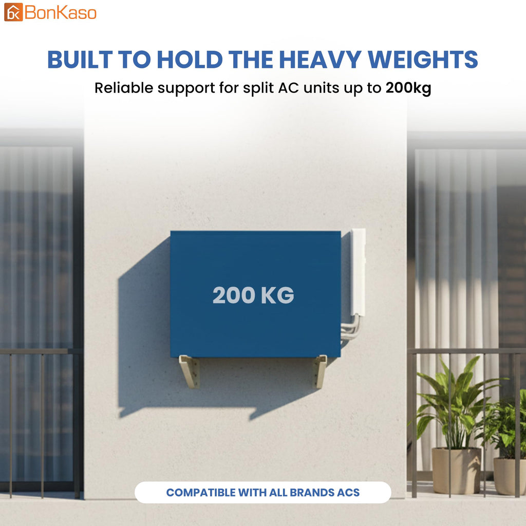 BonKaso Heavy Duty AC Stand for Outdoor Unit | Mild Steel Rust Proof Wall Mount Bracket with Powder Coated Finish | Supports Up to 200kg | AC Outdoor Unit Stand with Fasteners | Pack of 1