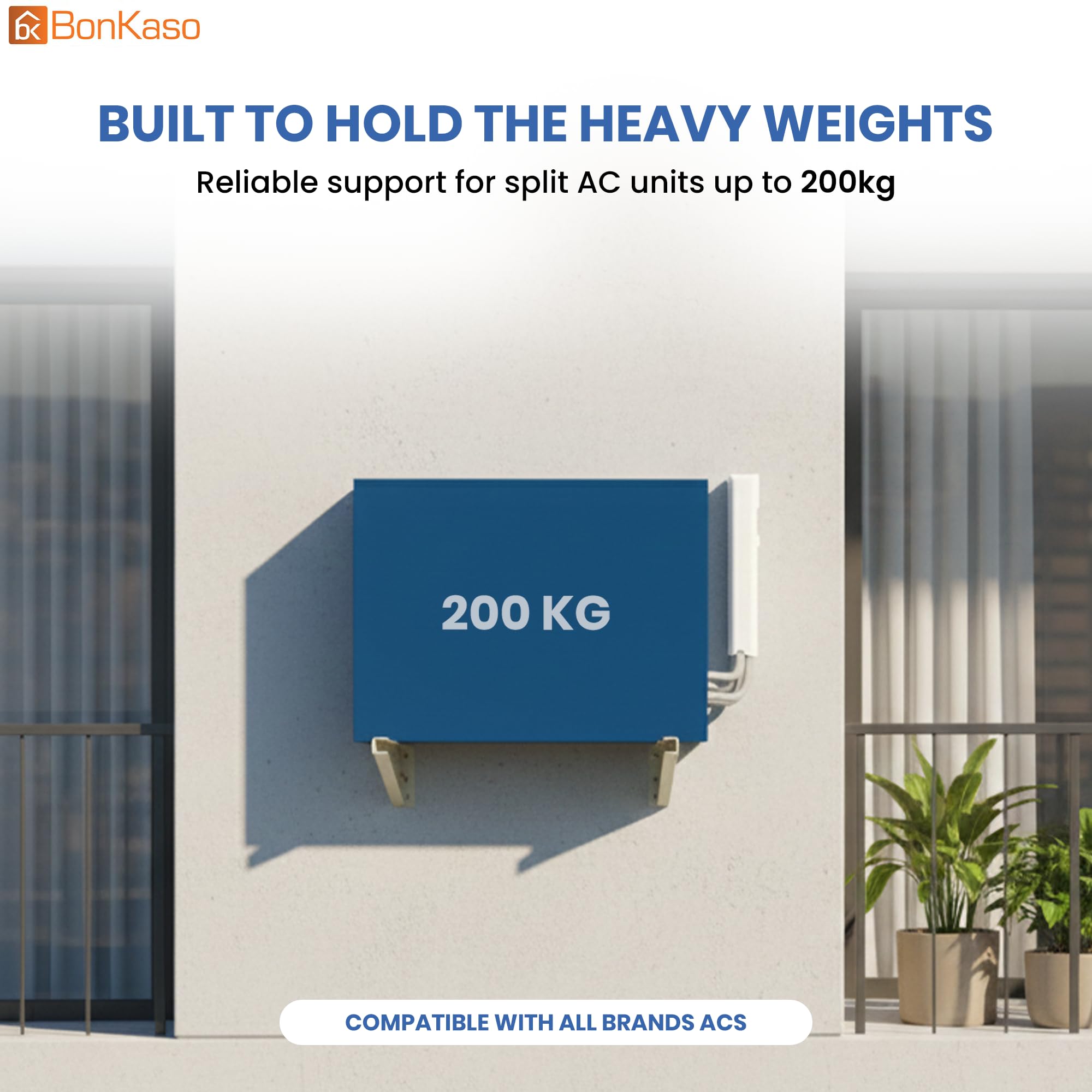 BonKaso Heavy Duty AC Stand for Outdoor Unit | Mild Steel Rust Proof Wall Mount Bracket with Powder Coated Finish | Supports Up to 200kg | AC Outdoor Unit Stand with Fasteners | Pack of 1