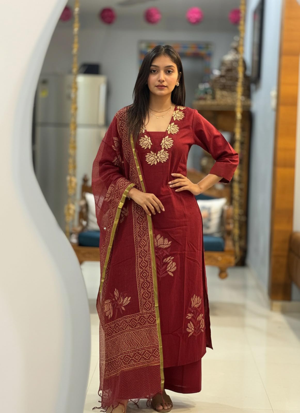 ANNI Designer Women's Rayon Viscose Straight Printed Kurta with Pant & Dupatta (Dare RED_XXL_Red_XX-Large)