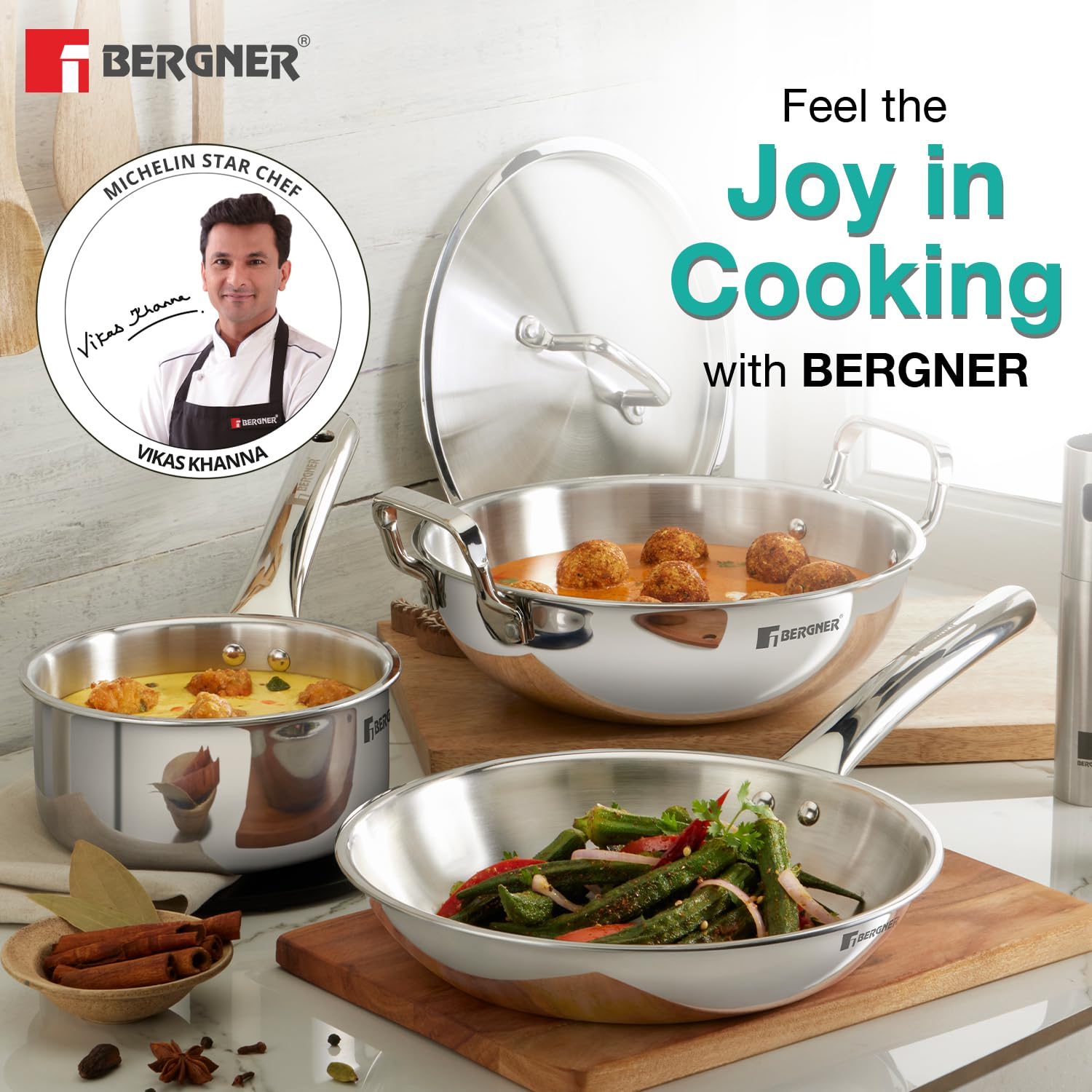 Bergner TriPro 4 Pcs Tri-Ply Stainless Steel Induction Bottom Cookware Set - 22cm (2.1L) Kadai and 22cm (1L) Frypan with Common Stainless Steel Lid, 14cm (1.1L) Teapan, Less Oil Use, Easy to Clean