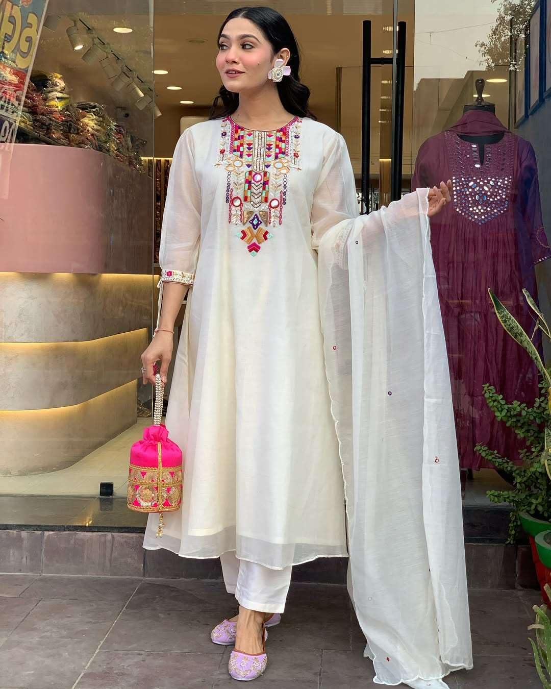 A K SWIFT Women's Cotton Mirror Work Embroidered Straight Kurti With Pant and Dupatta Set (White-L)