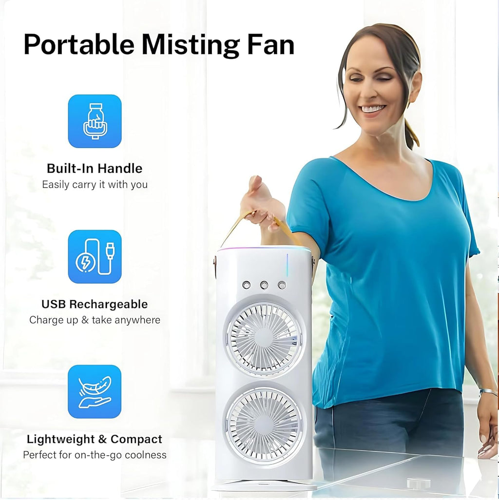 Portable Air Cooler Fan with Mist Function, Dual Fan Design, 700ml Water Tank, USB Powered, Remote Control, LED Light, Timer Settings, Carry Handle (Double Ended Spray Air Cooler Fan)