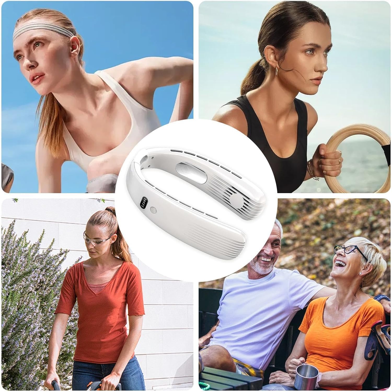 One94Store Portable Bladeless Hanging Neck Fan – 12 Air Outlets, 2400mAh Rechargeable Battery, USB Powered, 5-Speed Hands-Free Cooling Fan, Up to 6 Hours Use for Indoor&Outdoor (White)