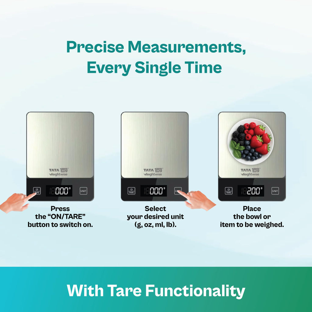 Tata 1mg Weightwise Kitchen Weighing Scale | 1g Precision | Stainless Steel | Max Capacity 5 kg | Auto Power-Off Feature | Ideal for Daily Diet Tracking, Portion Control and Weight Management Goals