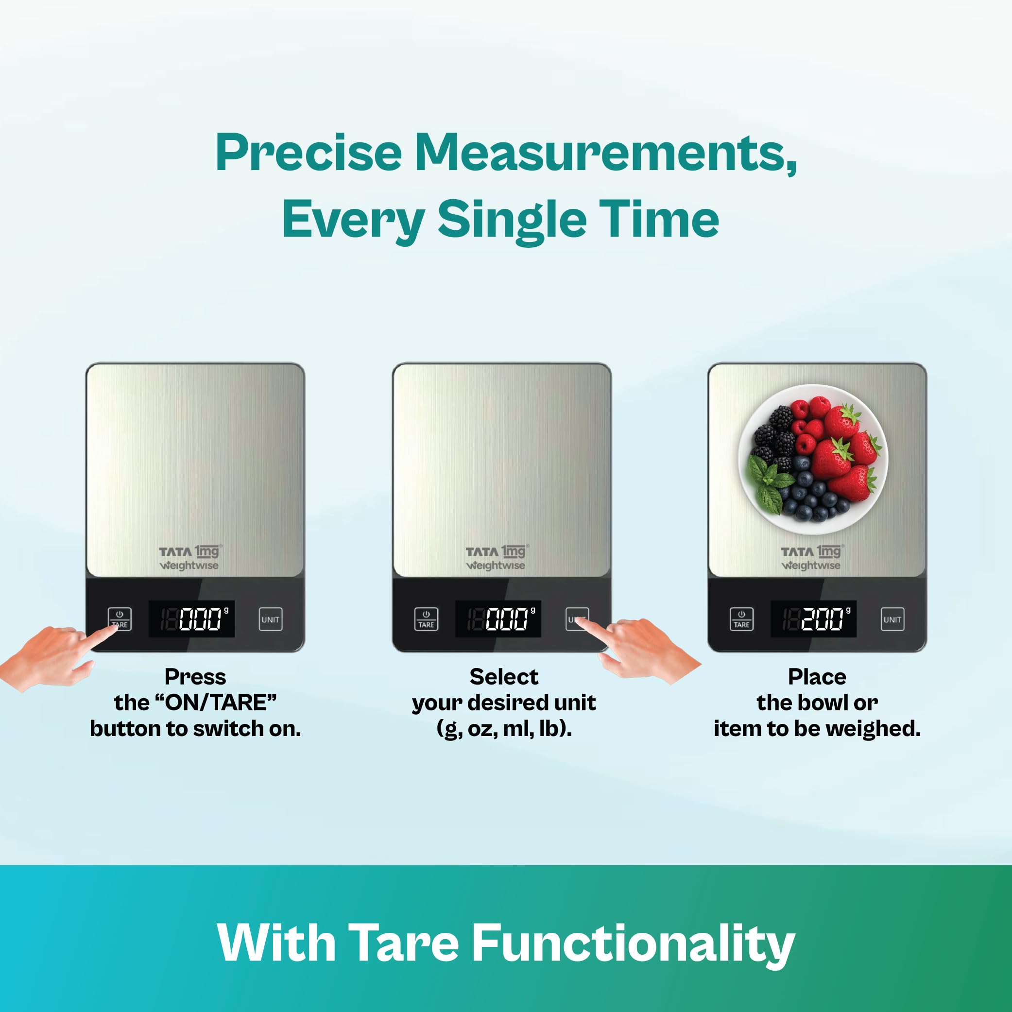 Tata 1mg Weightwise Kitchen Weighing Scale | 1g Precision | Stainless Steel | Max Capacity 5 kg | Auto Power-Off Feature | Ideal for Daily Diet Tracking, Portion Control and Weight Management Goals