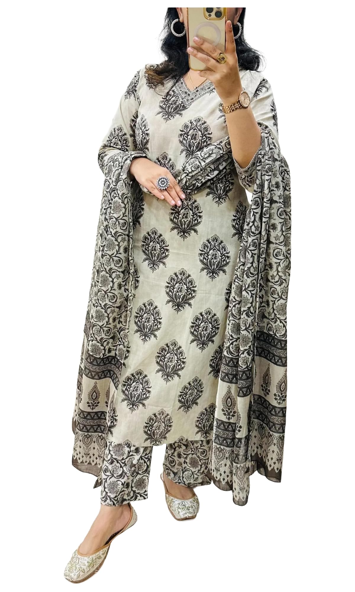ANNI Designer Women's Viscose Blend Straight Printed Kurta with Pant & Dupatta (Makram Cream_L_Cream_Large)