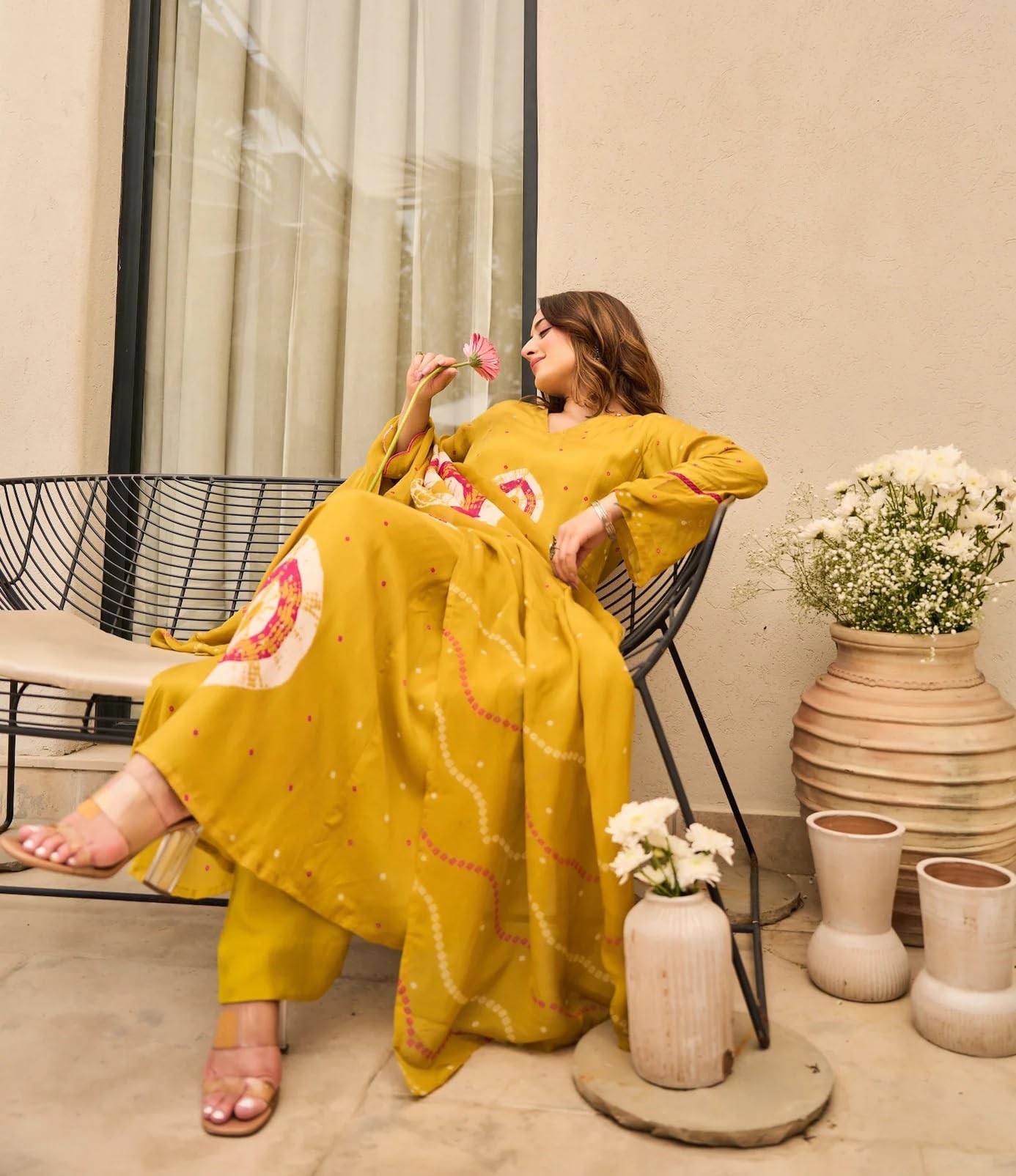 Nermosa Women Pure Cotton Kurta Pant Dupatta Set | Summer Friendly Ethnic Suit Set for Women | V-Neck Printed Kurti with Matching Pants & Dupatta | Casual & Office Wear (IN, Alpha, 2XL, Yellow)
