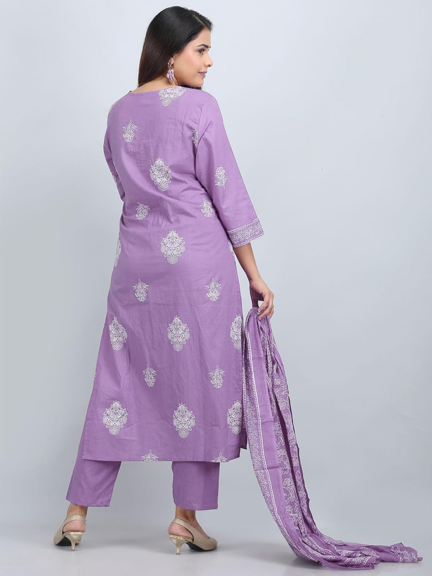 PARTHVI Women's Pure Cotton Printed with Handwork Kurta with Pants and Dupatta Set, Wedding Ethnic Suit Set, P-1079, Purple, L