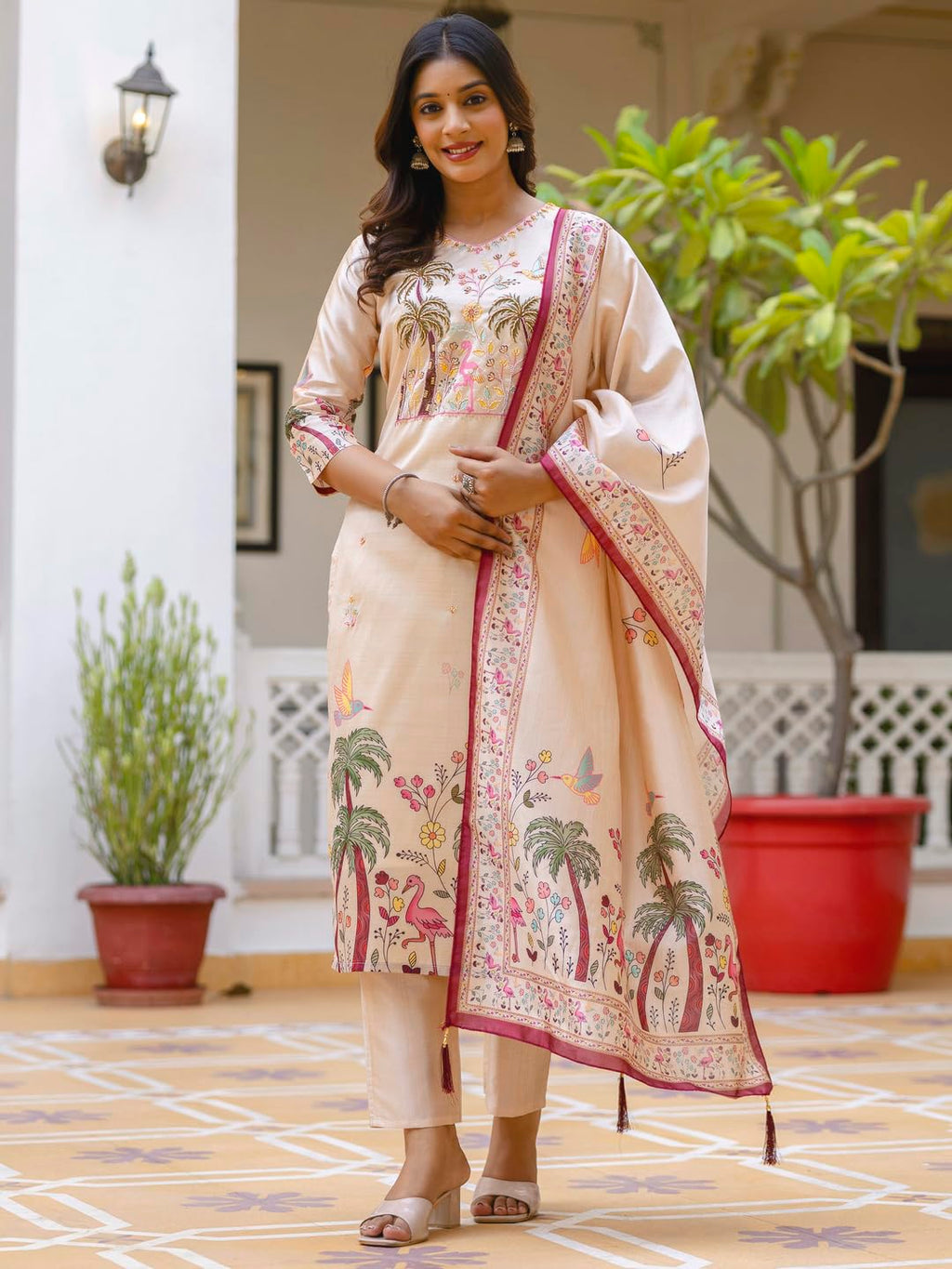 VredeVogel Women's Beads Embroidered Viscose Assam Silk Kurta Pant Set with Printed Dupatta | Festive & Casual Ethnic Kurta Sets for Women (Cream-M)